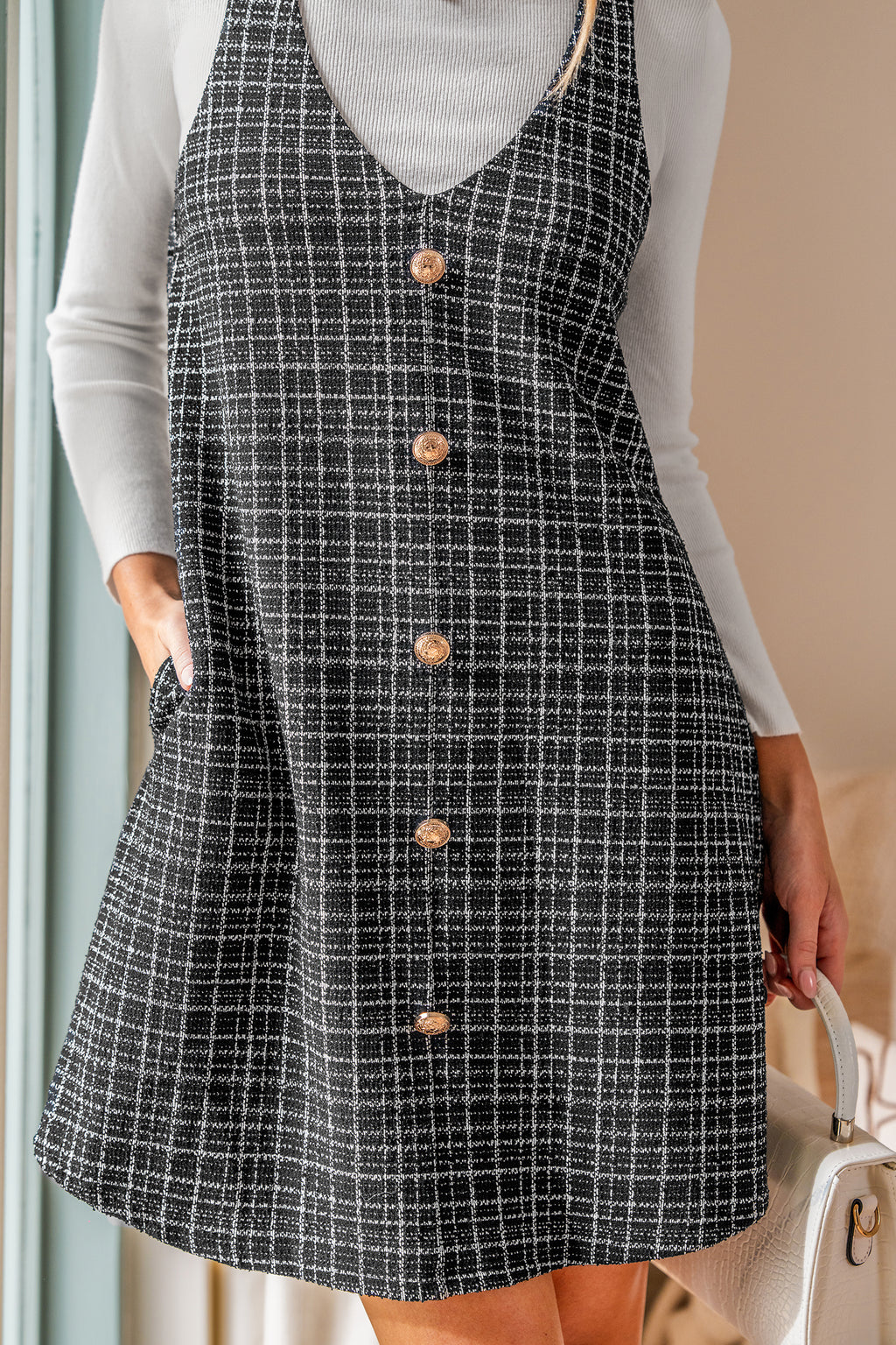 Kariertes Ärmelloses Strick-Minikleid