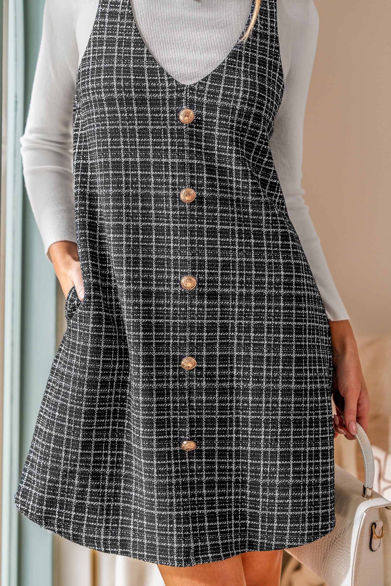 Kariertes Ärmelloses Strick-Minikleid