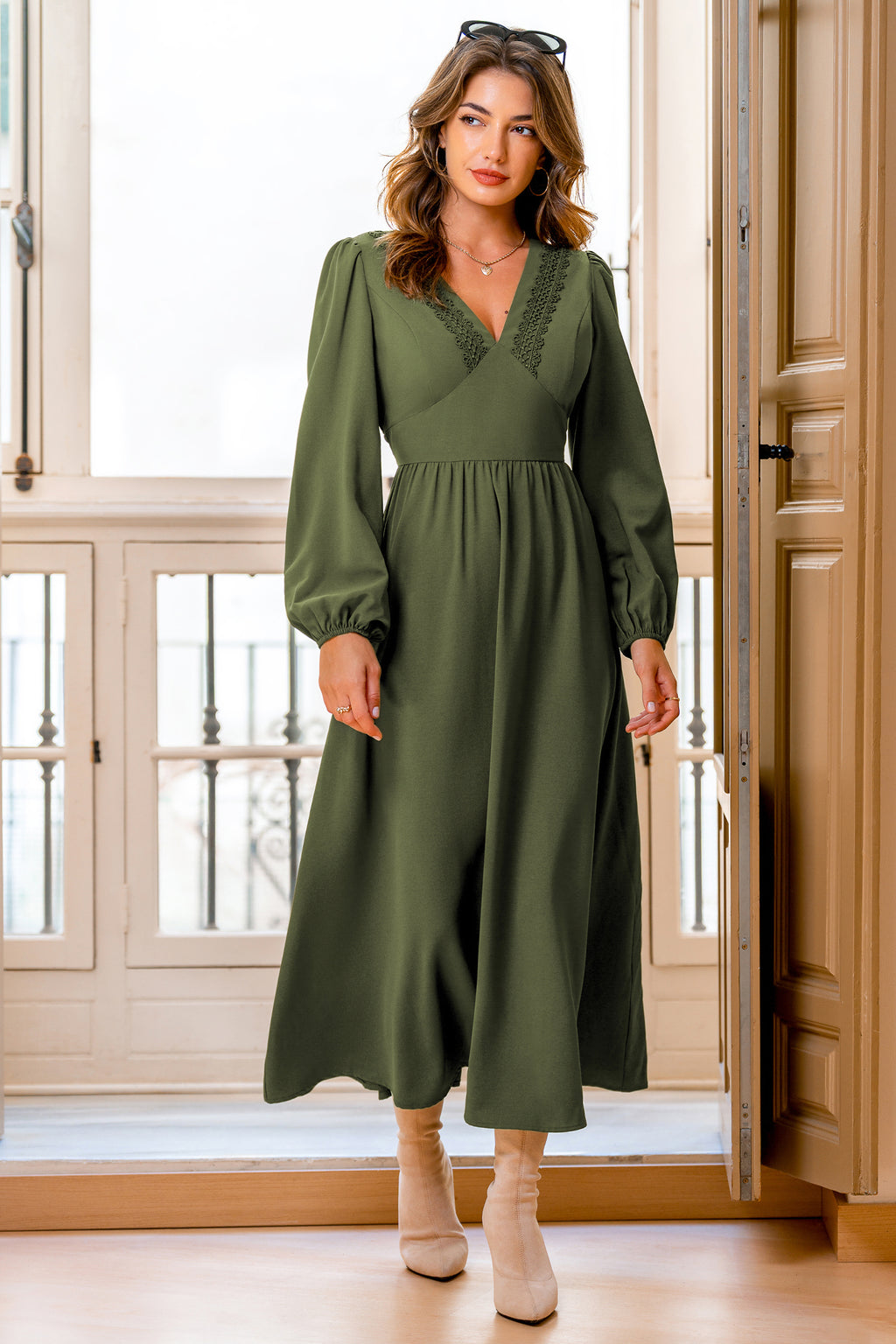 Grünes V-Ausschnitt Lange Ärmel Maxikleid