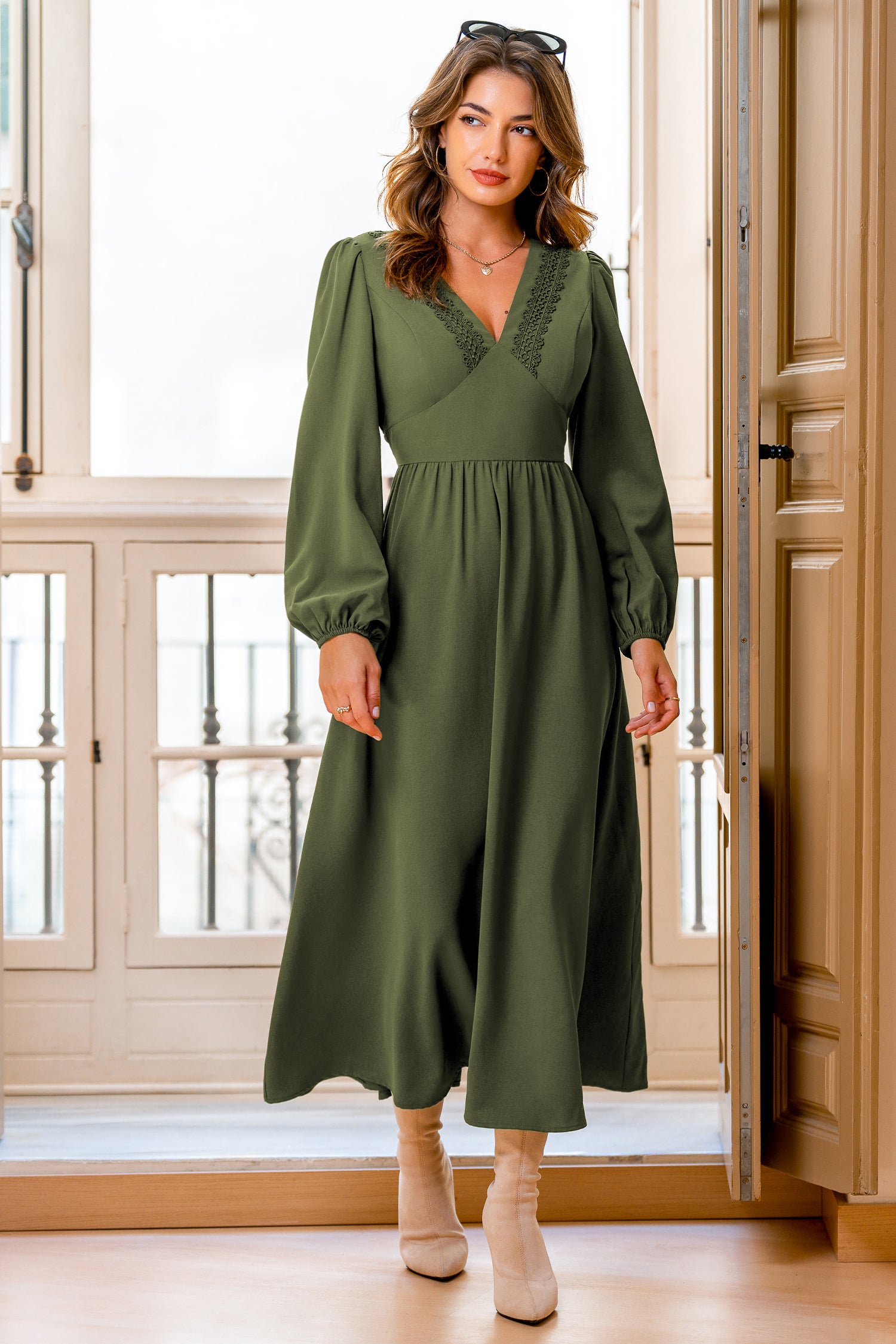 Grünes V-Ausschnitt Lange Ärmel Maxikleid