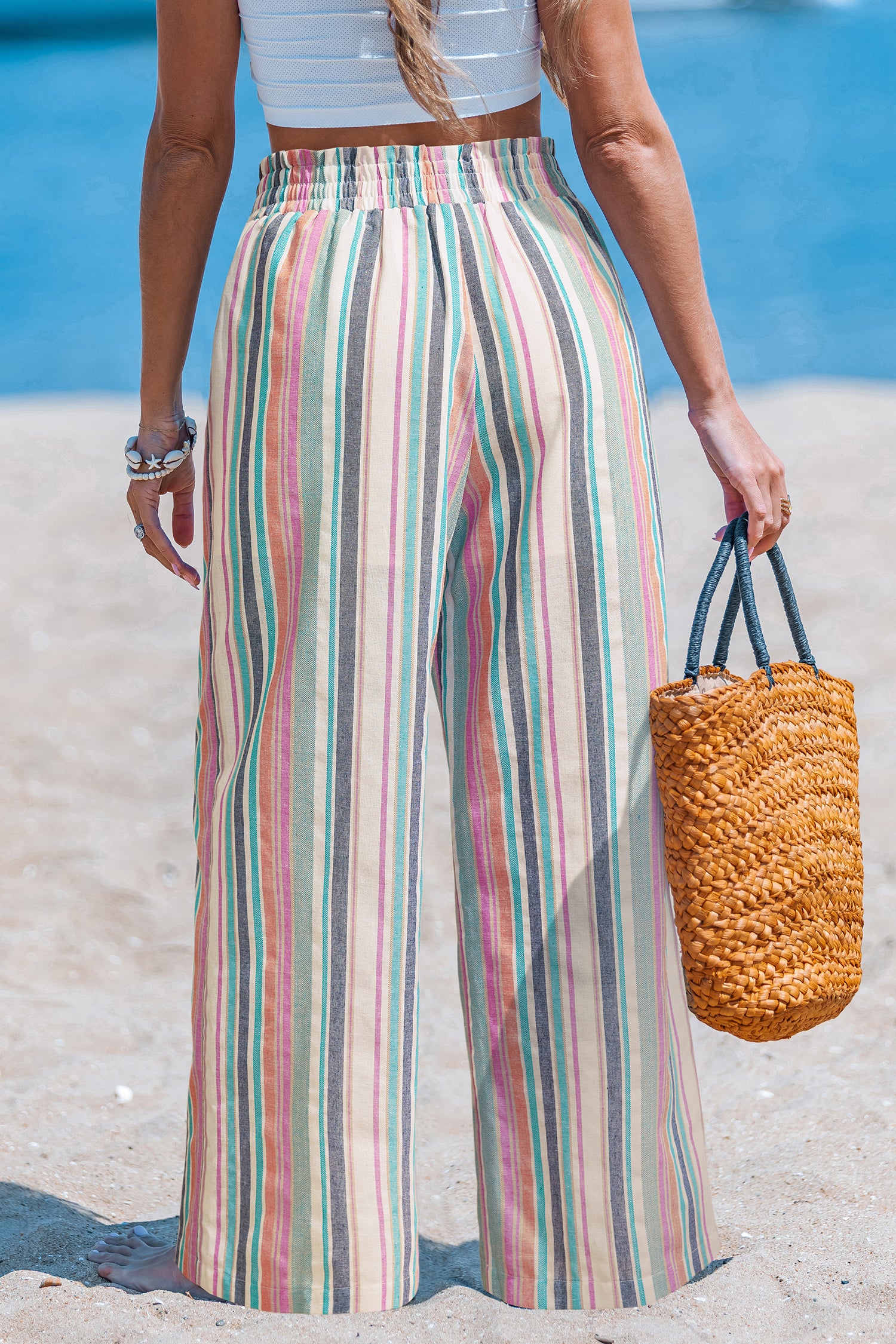 Bunte Gestreifte Elastischer Bund Stoffhose