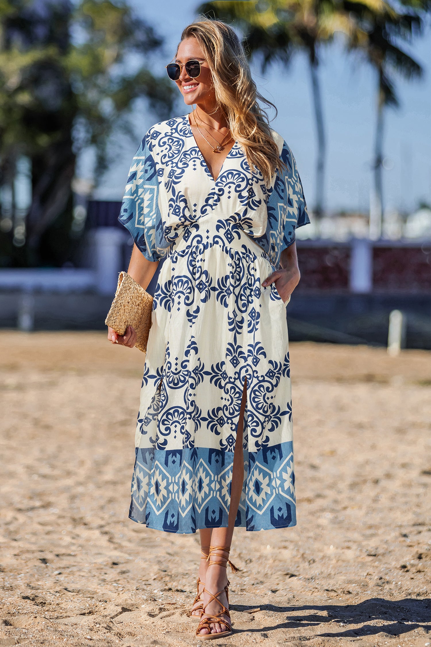 Boho V-Ausschnitt Midi-Strandkleid mit Seitenschlitz