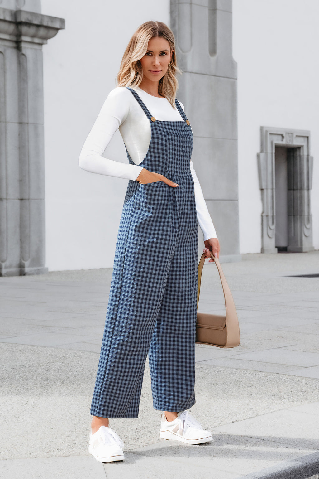 Karierter Ärmelloser Quadratischer Ausschnitt Jumpsuit