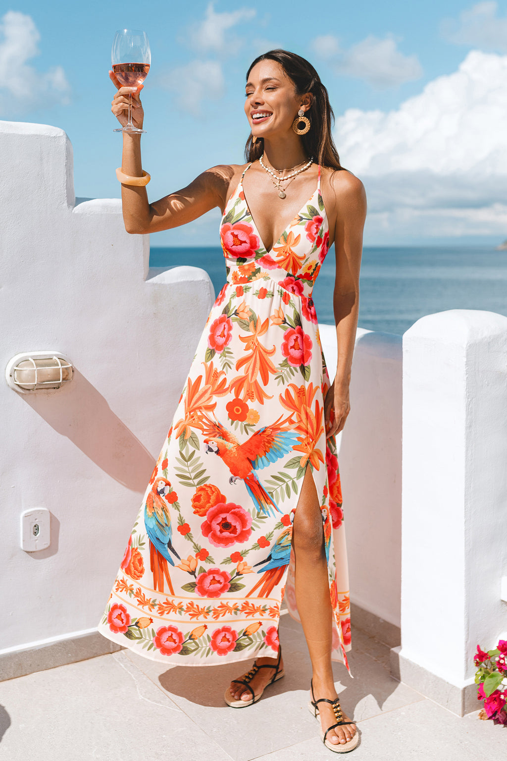 Geblümtes Ärmelloses Maxi-Strandkleid