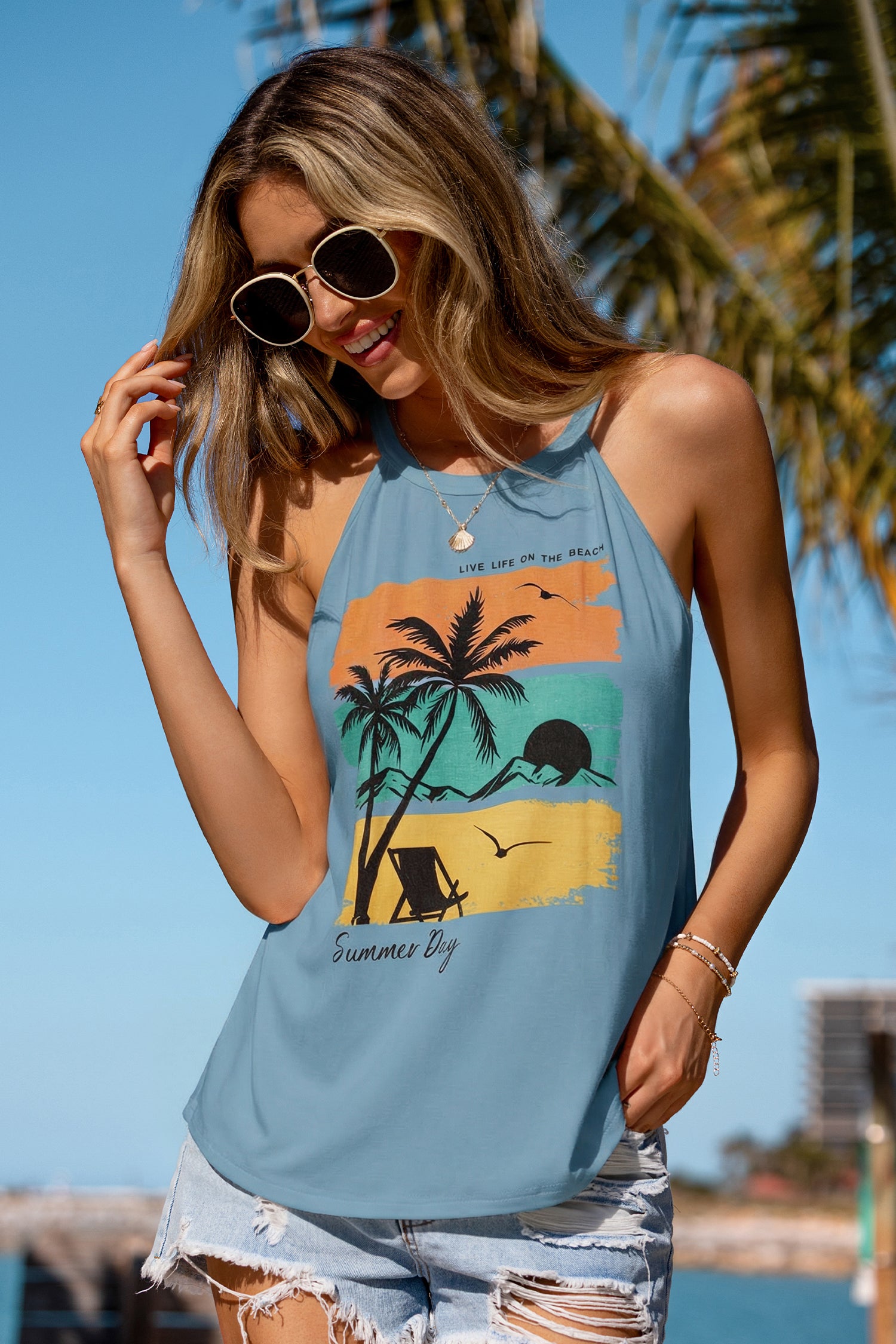 Blaues Ärmelloses Tanktop mit Grafikprint