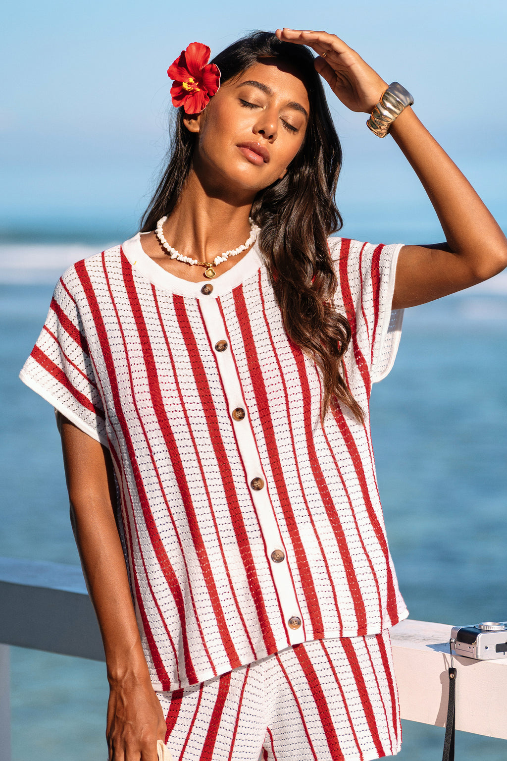 Rot Gestreiftes Strick-Strand-Top