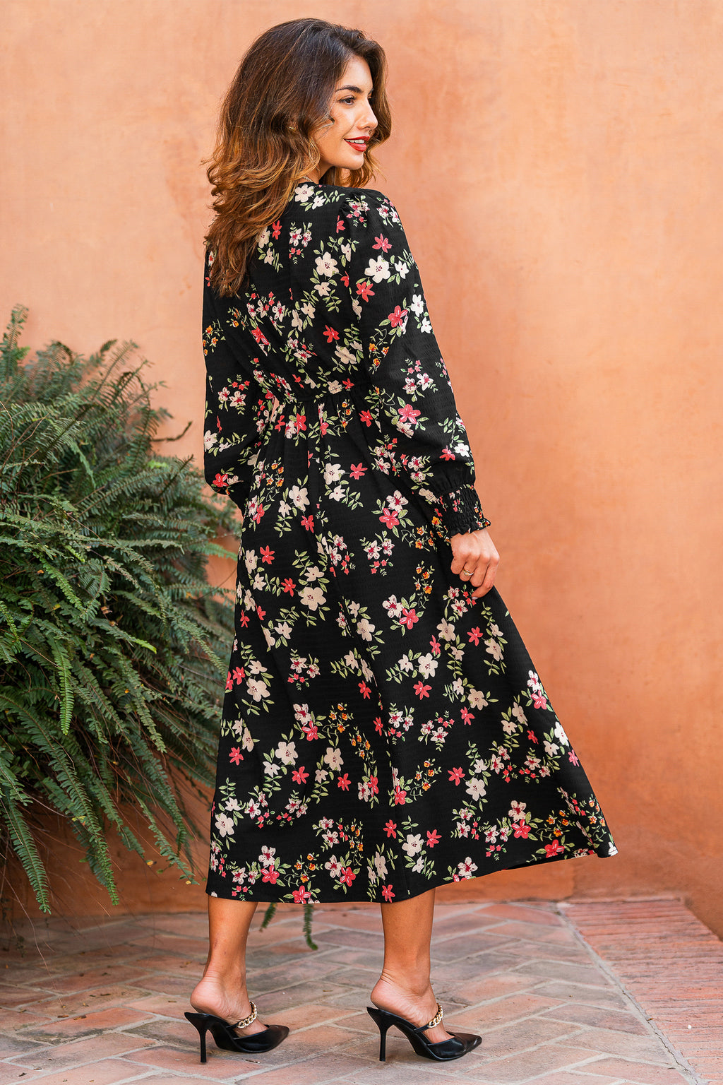Schwarzes Geblümtes Lange Ärmel Maxi-Wickelkleid