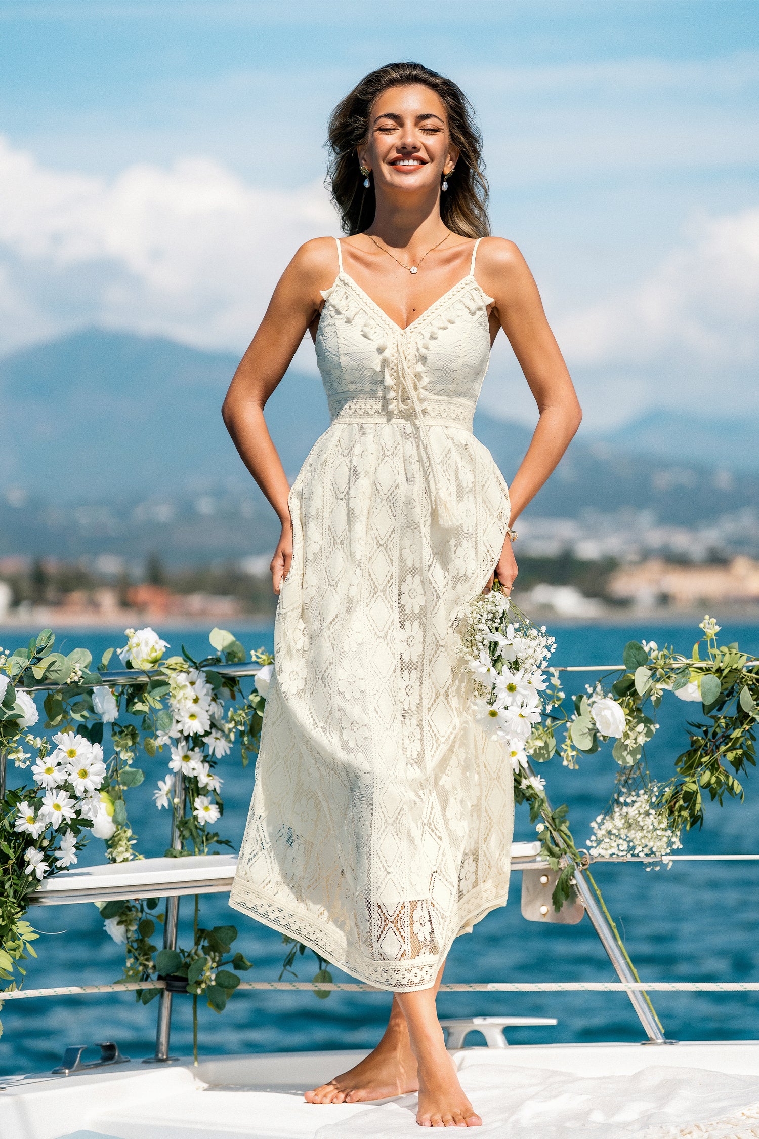Beiges Boho Ärmelloses Maxi-Strandkleid mit tiefem Ausschnitt