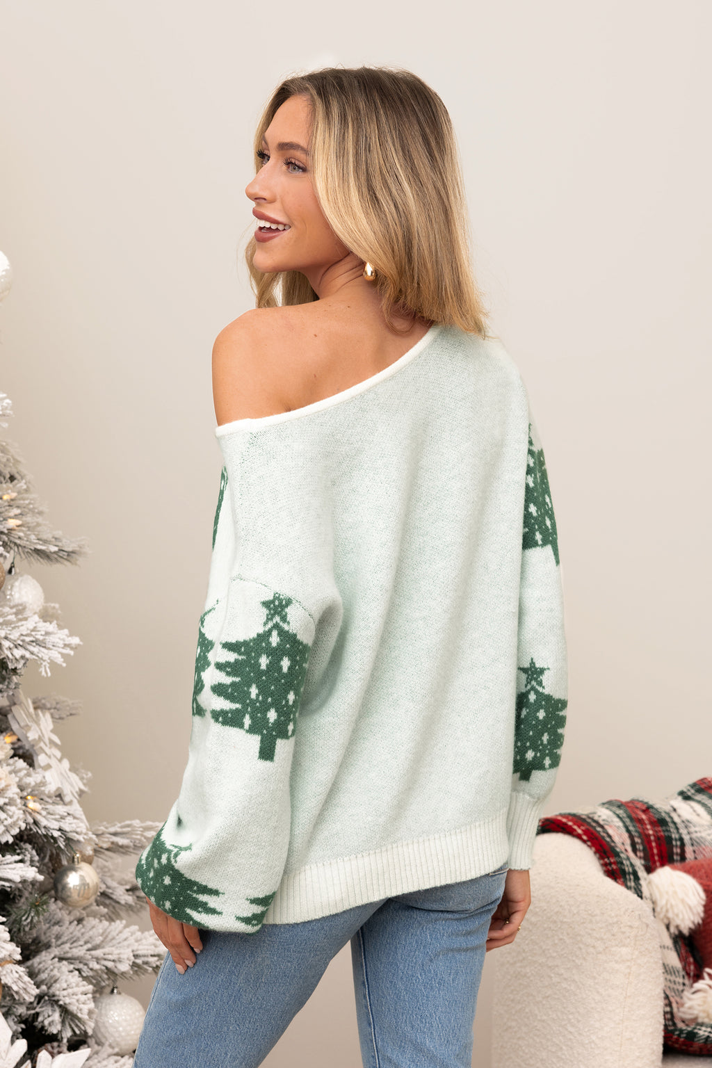 Weihnachtsbaum-Grafik Off-Shoulder-Langarmpullover