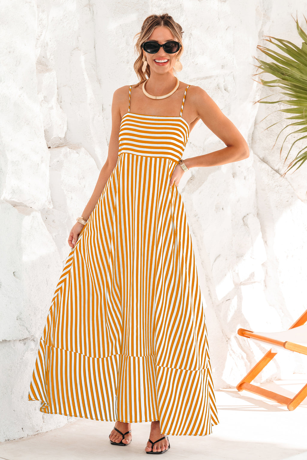 Orange Gestreiftes Quadratischer Ausschnitt Maxikleid