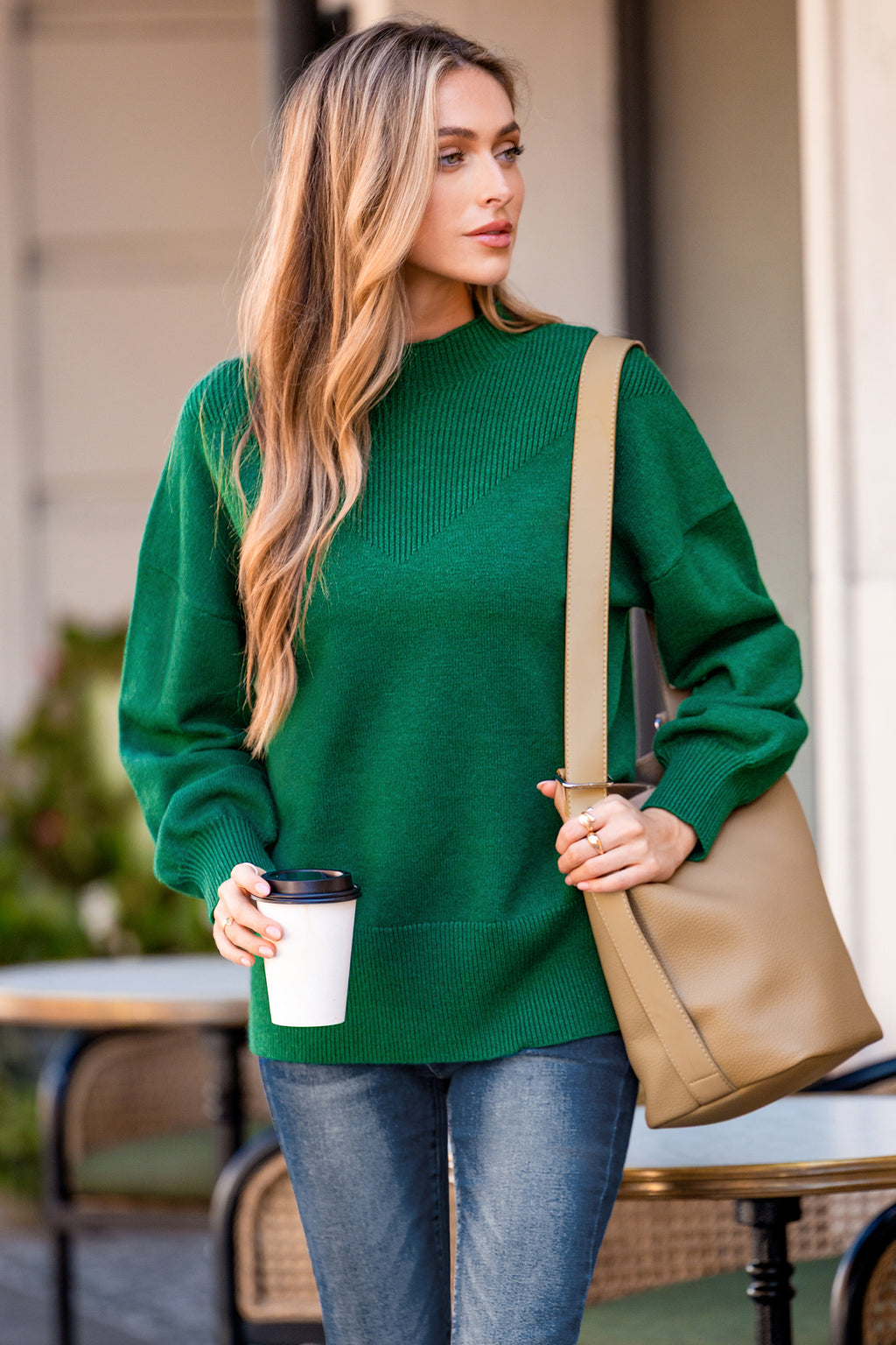 Grüner Hoher Ausschnitt Pullover