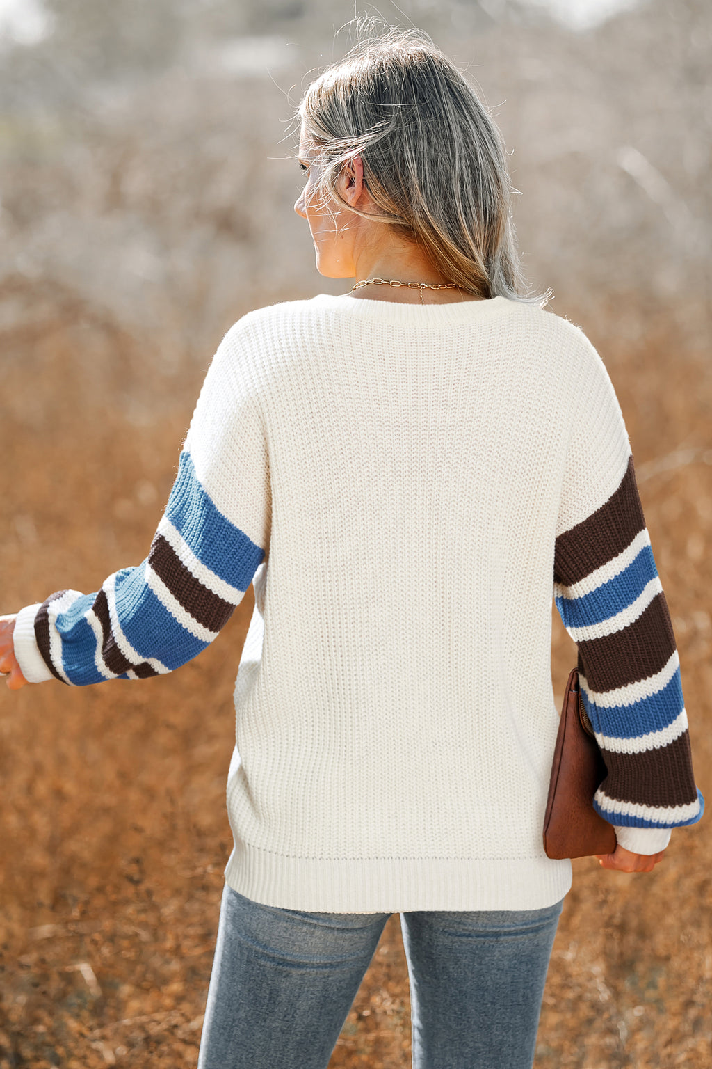 Weißer Gestreifter V-Ausschnitt Pullover