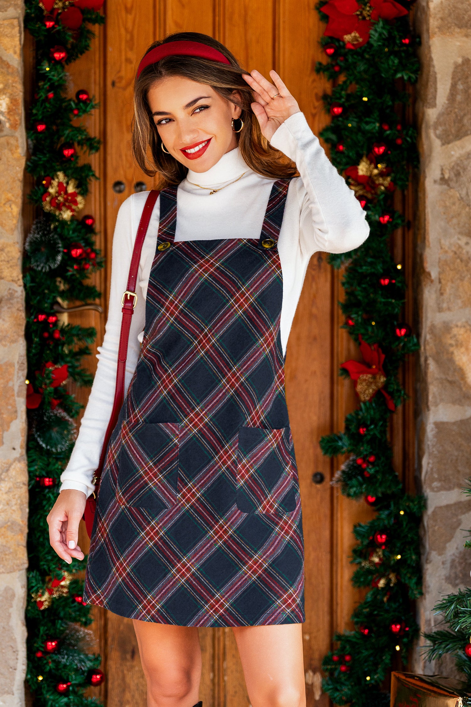 Kariertes Quadratischer Ausschnitt Minikleid