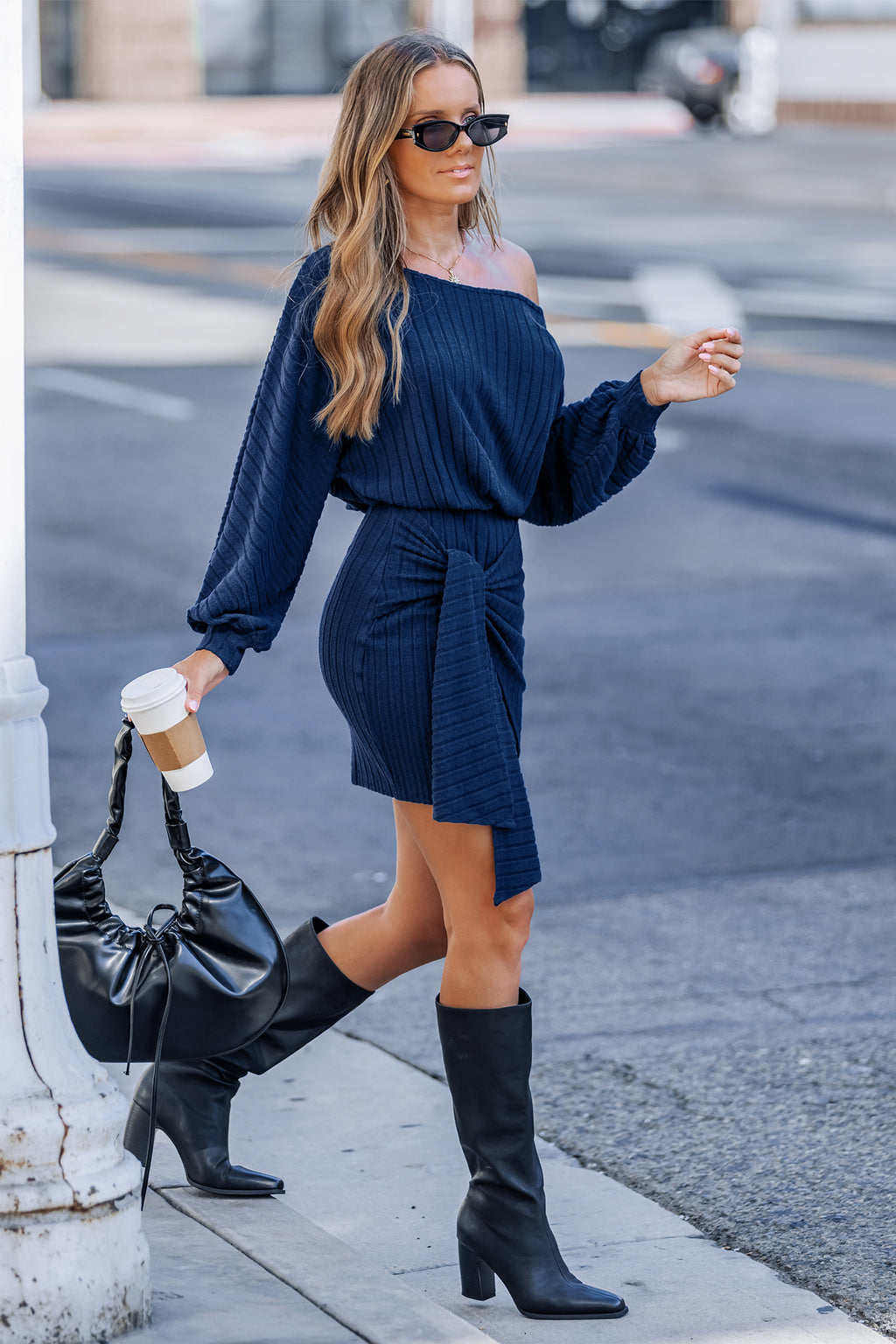 Blaues Lange Ärmel Geknotetes Strick-Minikleid
