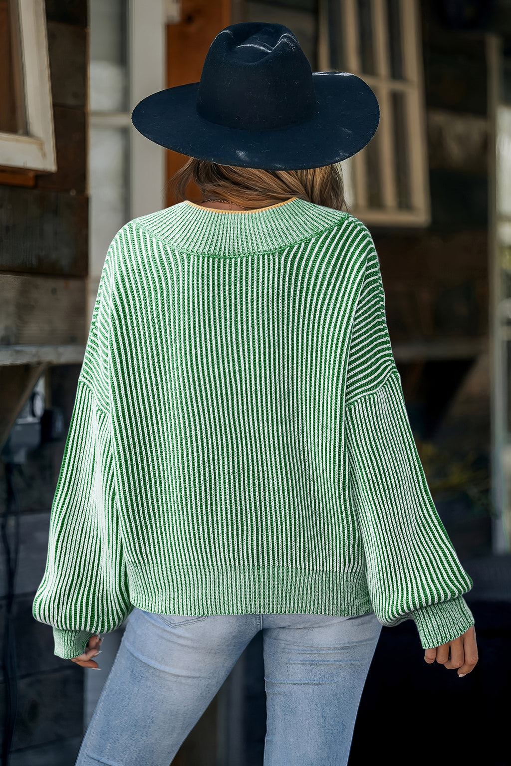 Grüner Lange Ärmel V-Ausschnitt Pullover