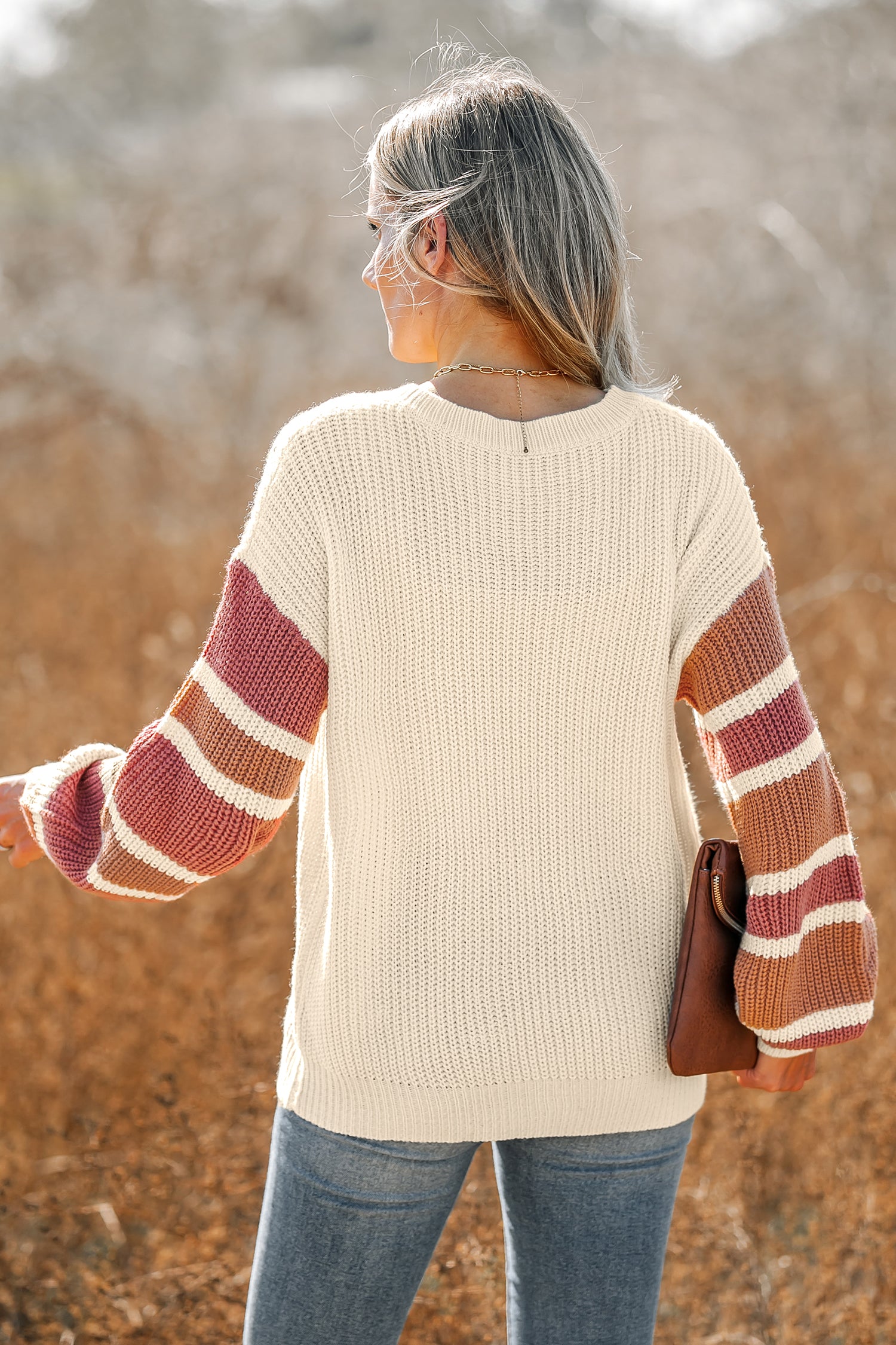 Gestreifter V-Ausschnitt Pullover mit Knopfleiste