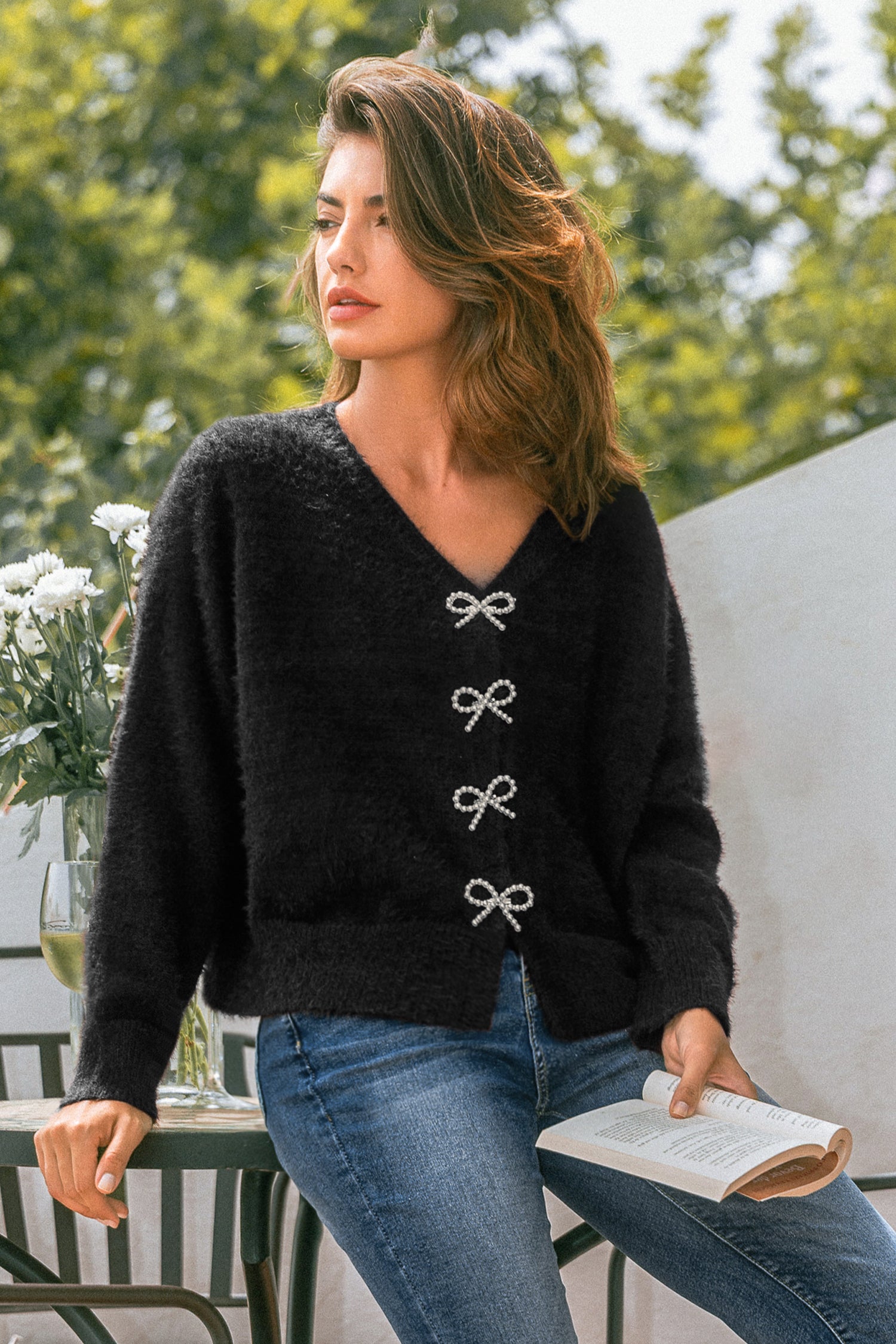 Schwarze V-Ausschnitt Lange Ärmel Strickjacke