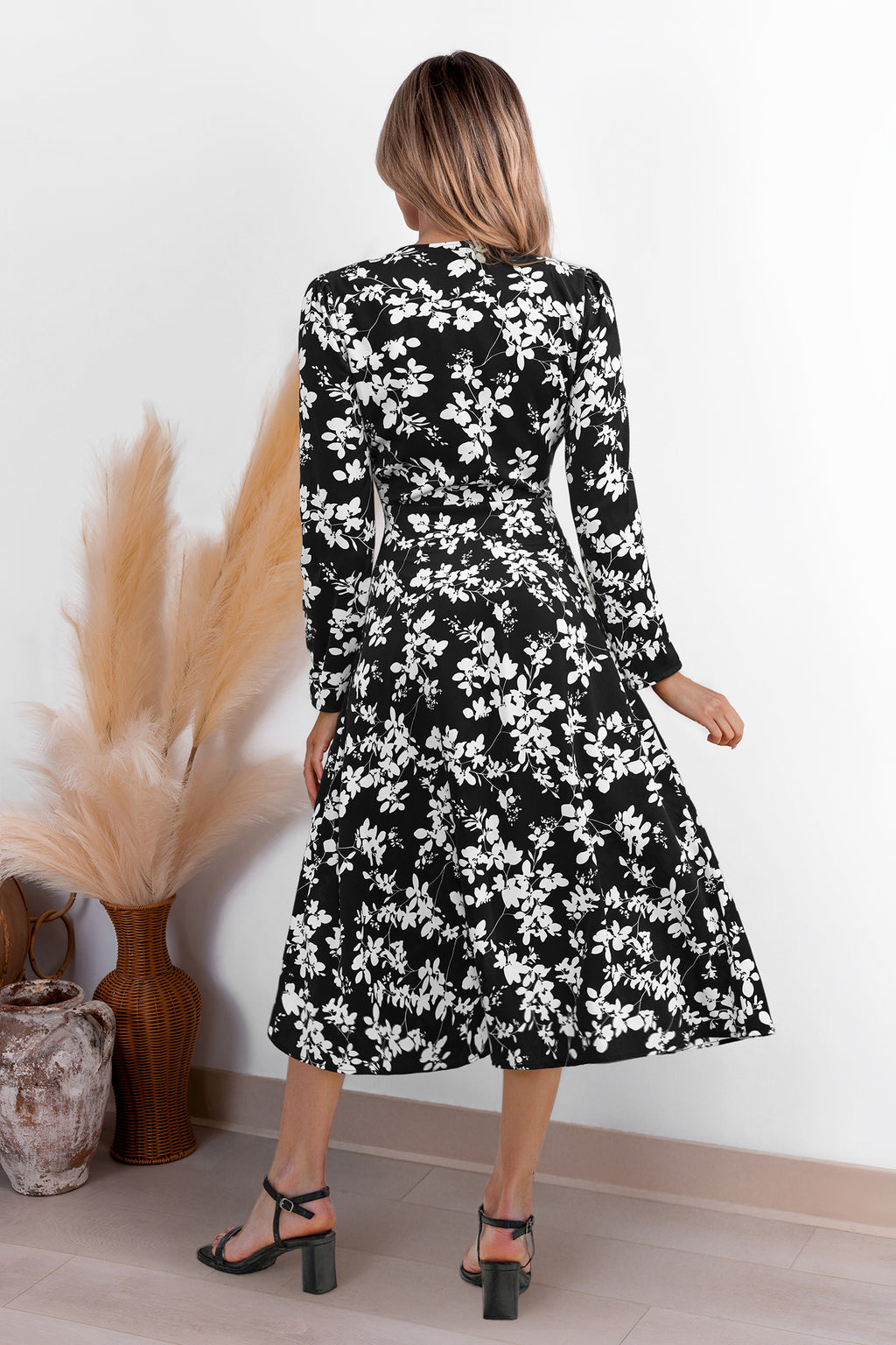 Geblümtes Lange Ärmel Maxi-Wickelkleid