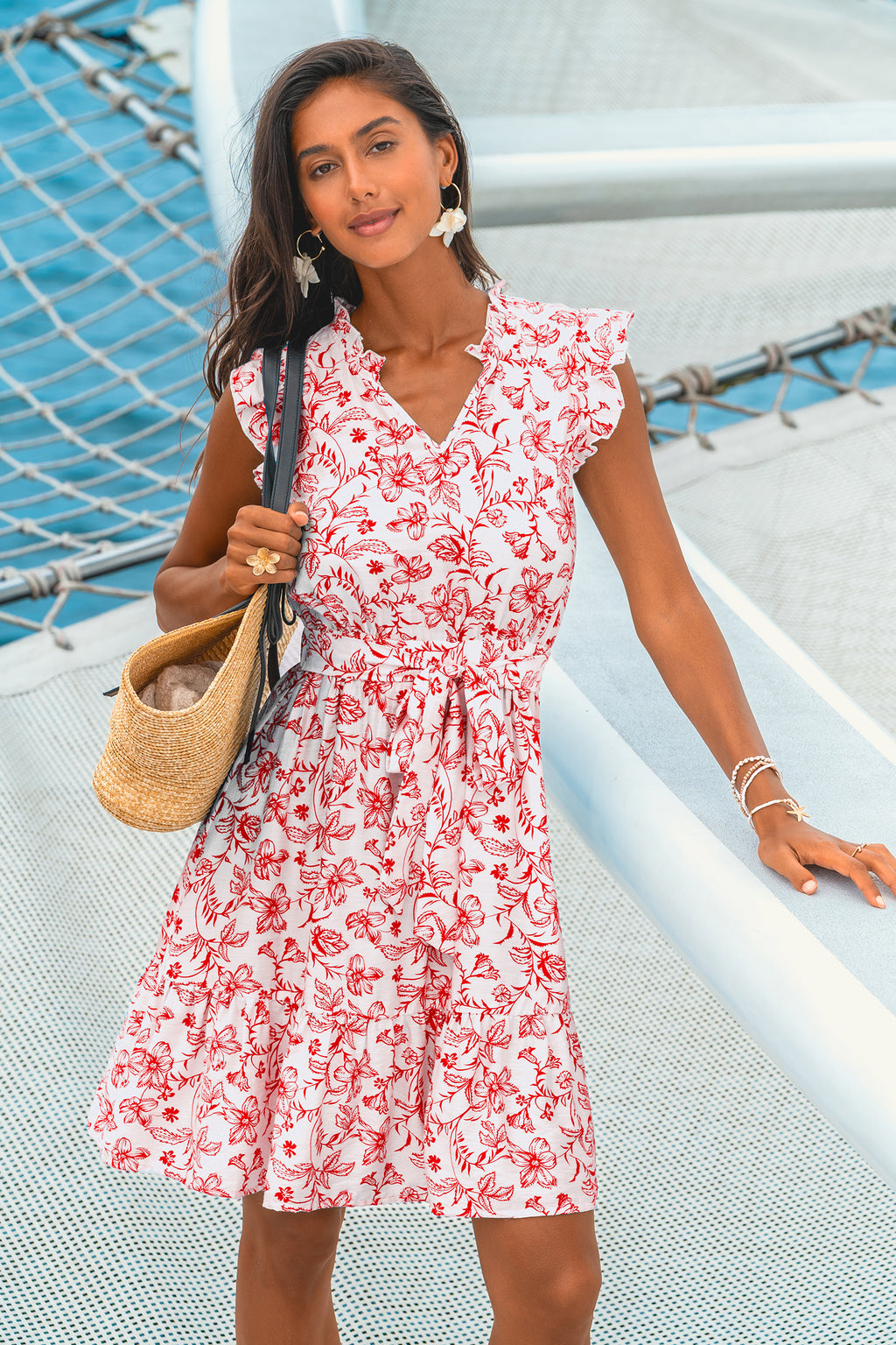 Rot Geblümtes Ärmelloses Mini-Strandkleid mit Taillenband