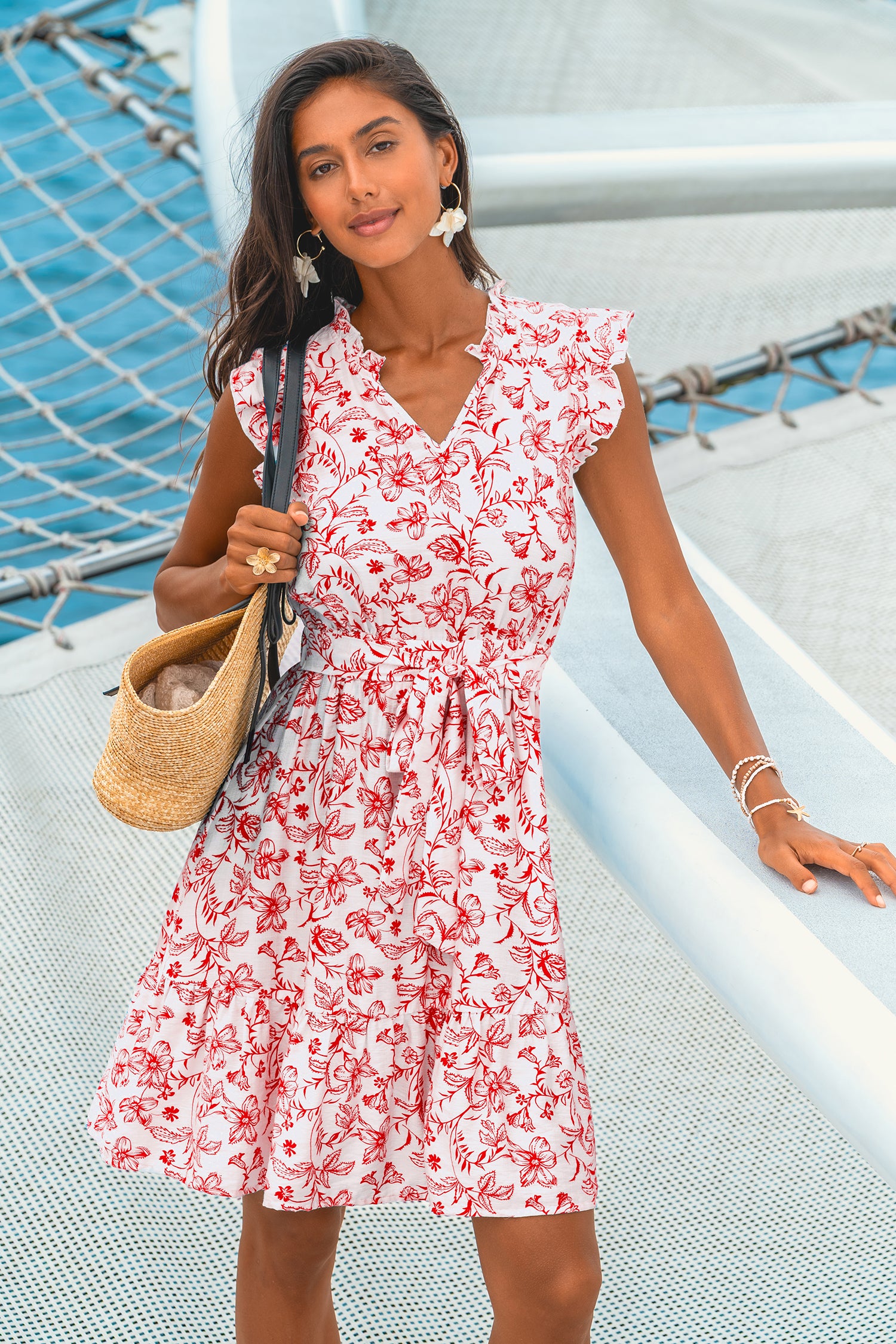 Rot Geblümtes Ärmelloses Mini-Strandkleid mit Taillenband