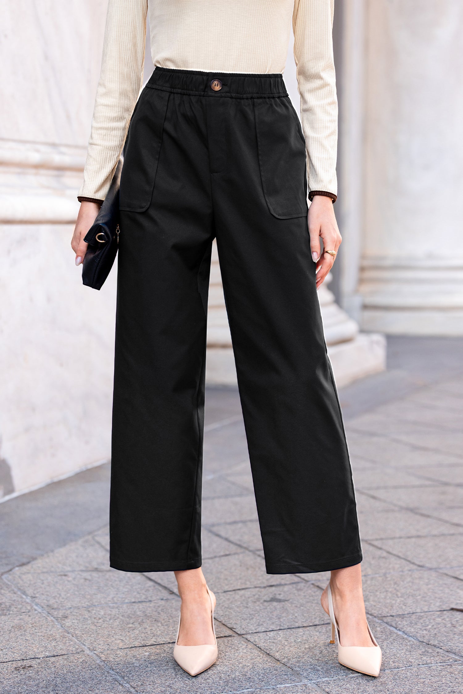 Schwarze Elastische Taille Hose mit Taschen