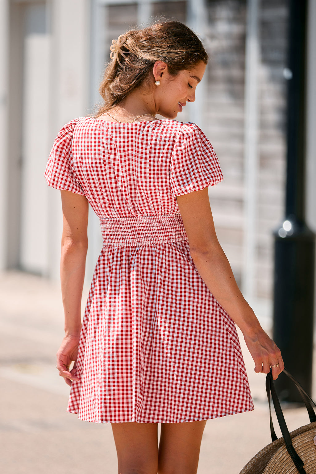 Rosa Gingham Puffärmel Mini-Sommerkleid