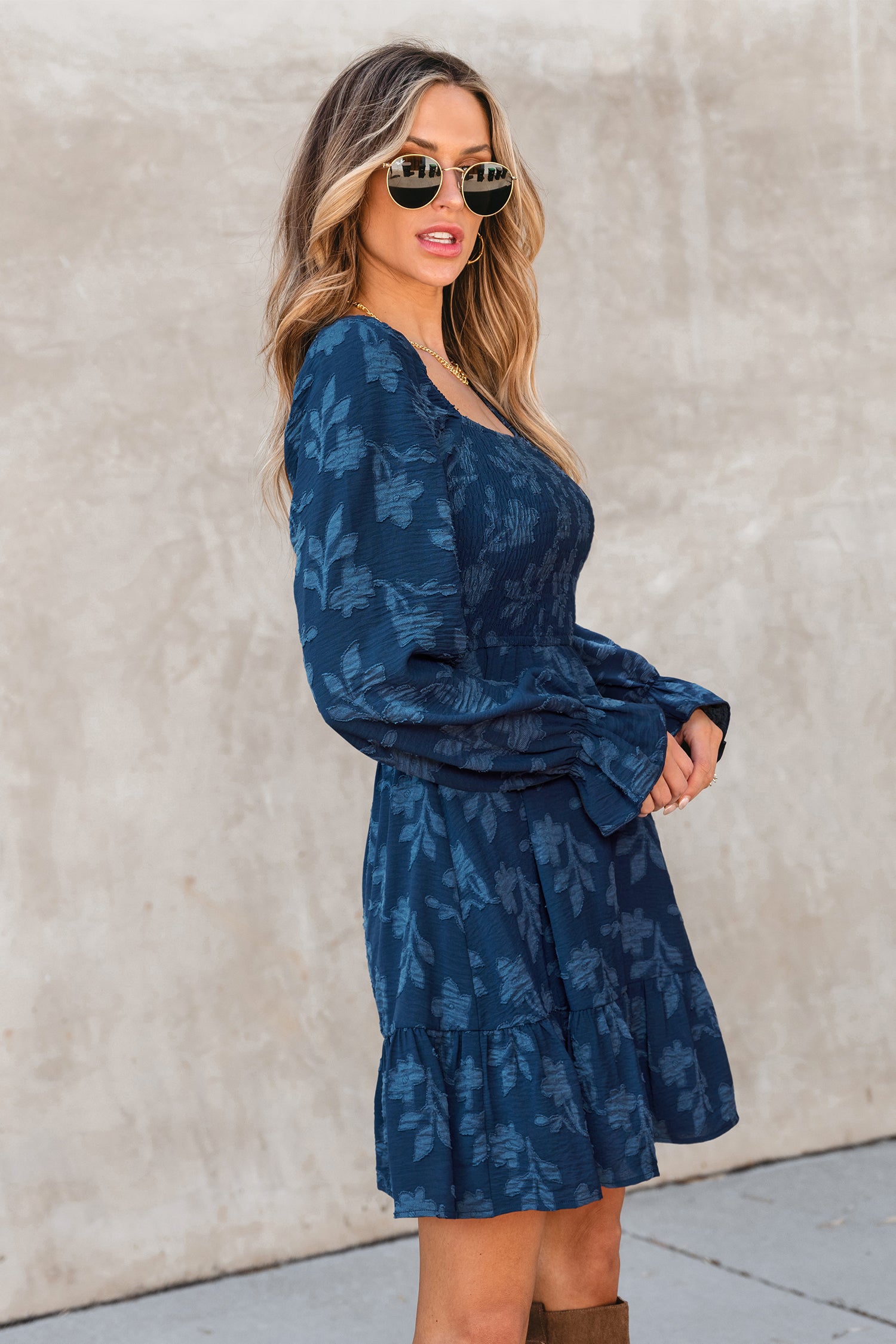 Blaues Geblümtes Quadratischer Ausschnitt Minikleid