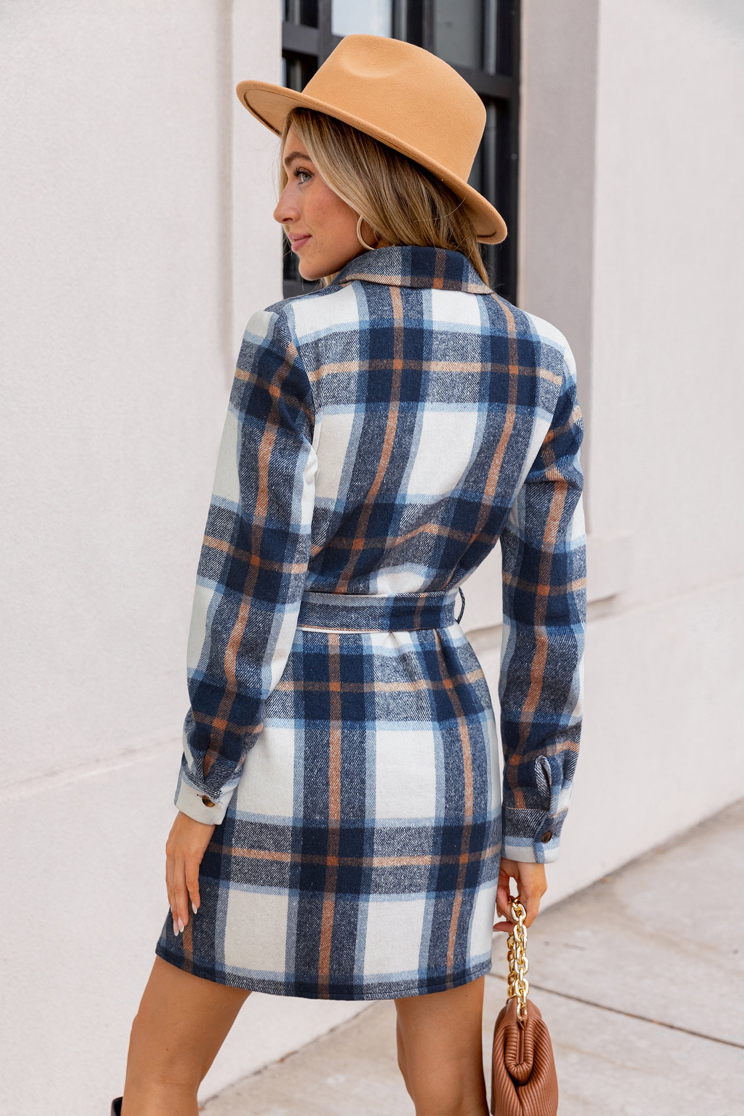 Blaues Kariertes Mini-Hemdkleid mit Taillengürtel
