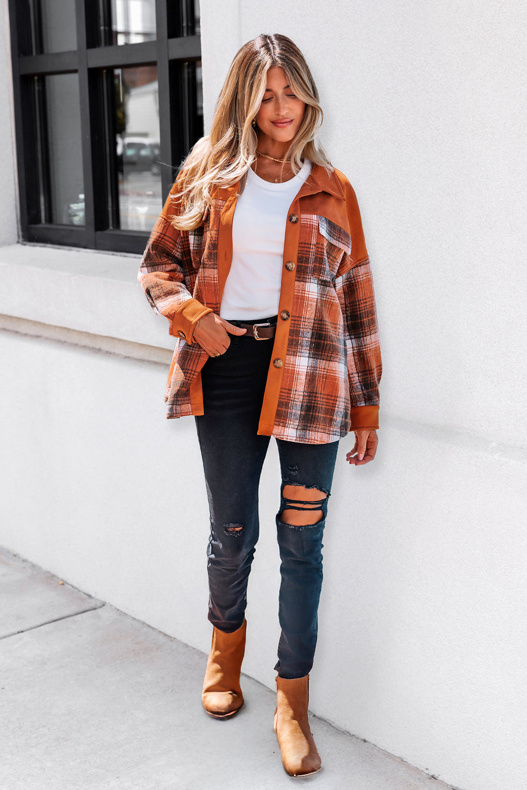 Orange Karierte Jacke mit Taschen