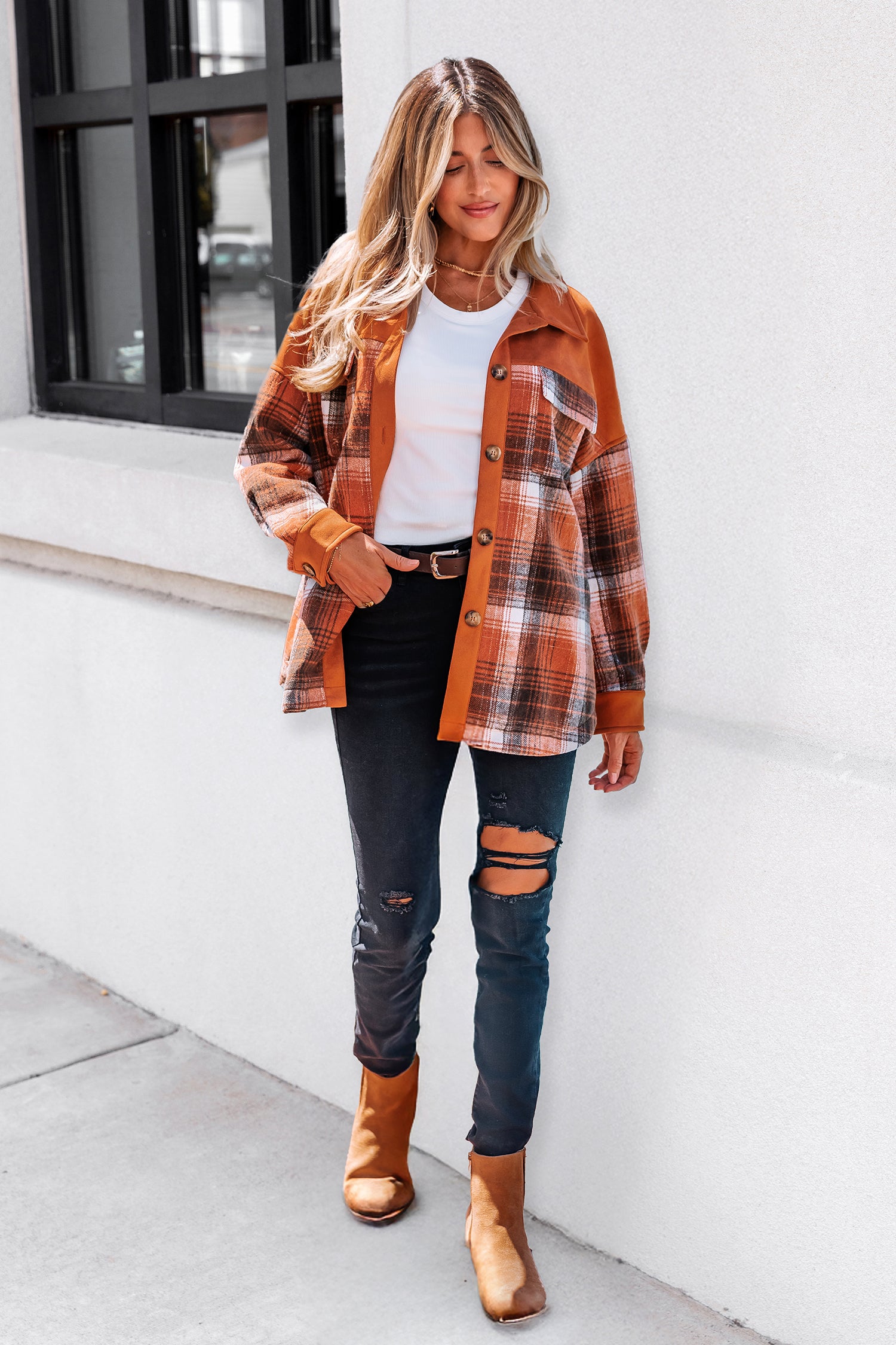 Orange Karierte Jacke mit Taschen
