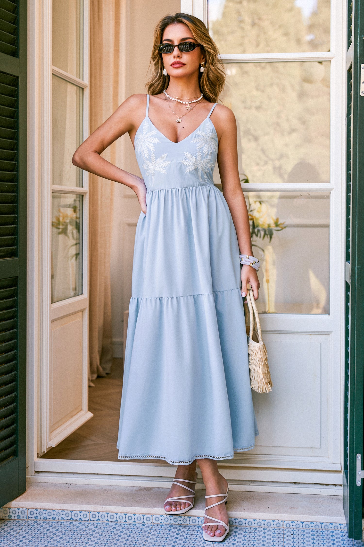 Blaues Tropisches Ärmelloses V-Ausschnitt Maxikleid