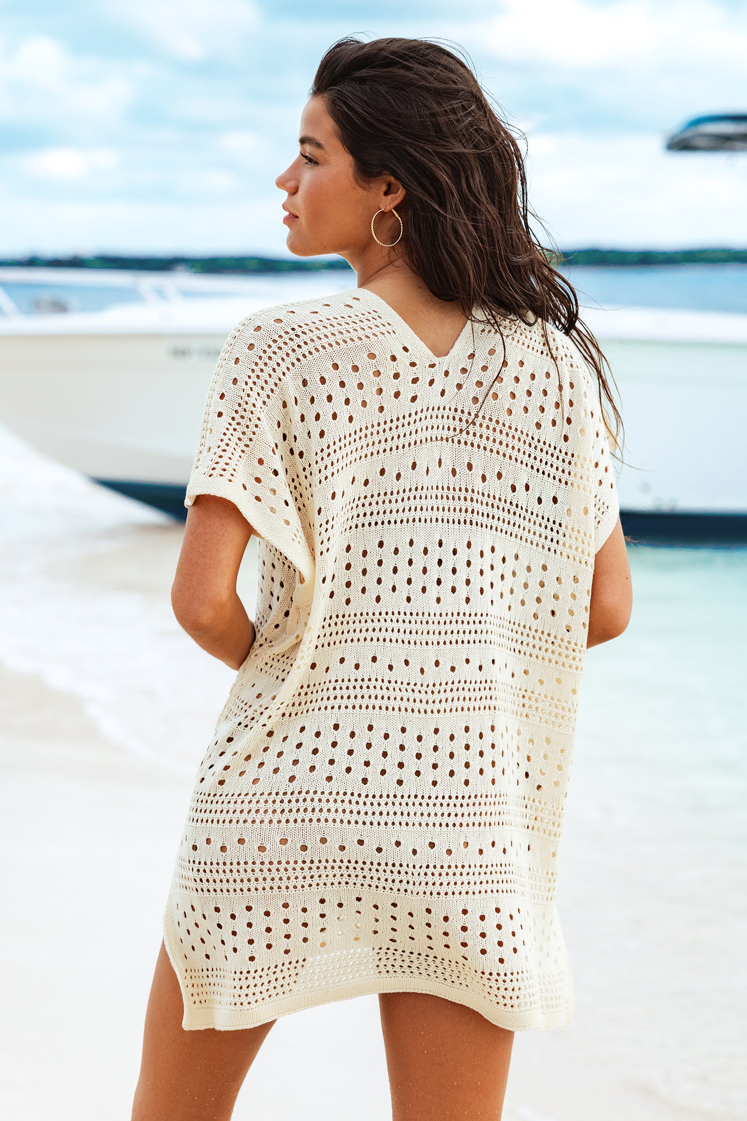 Beiges V-Ausschnitt Kurzarm Strick-Strandkleid
