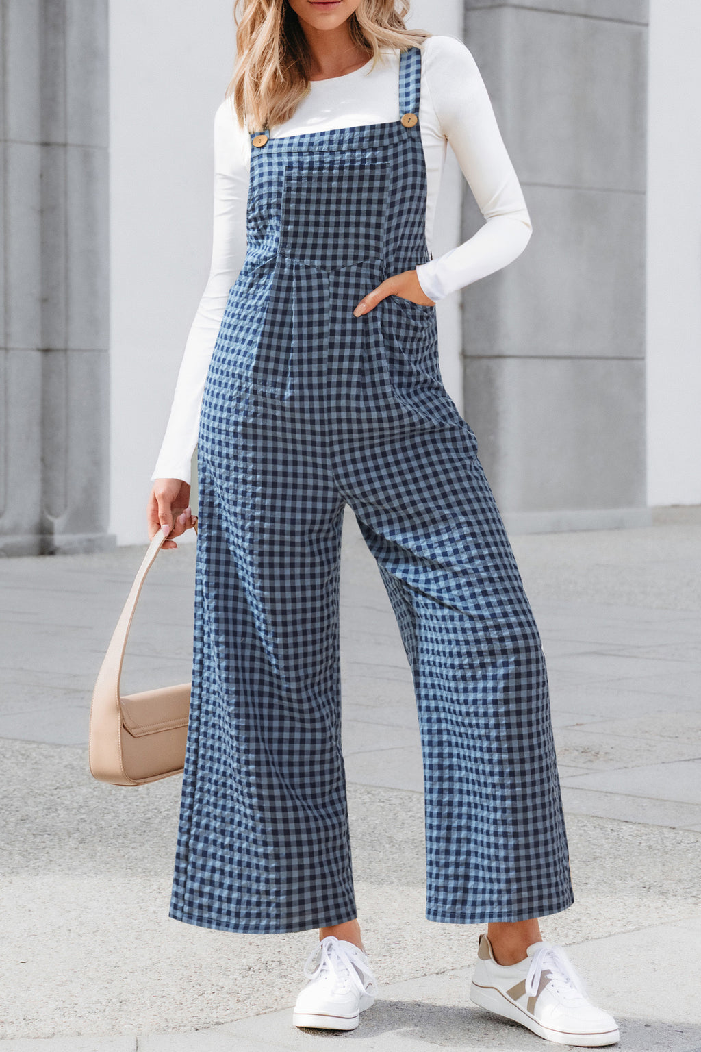 Karierter Ärmelloser Quadratischer Ausschnitt Jumpsuit