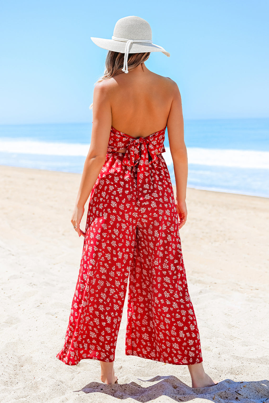 Roter Blumiger Bandeau-Jumpsuit