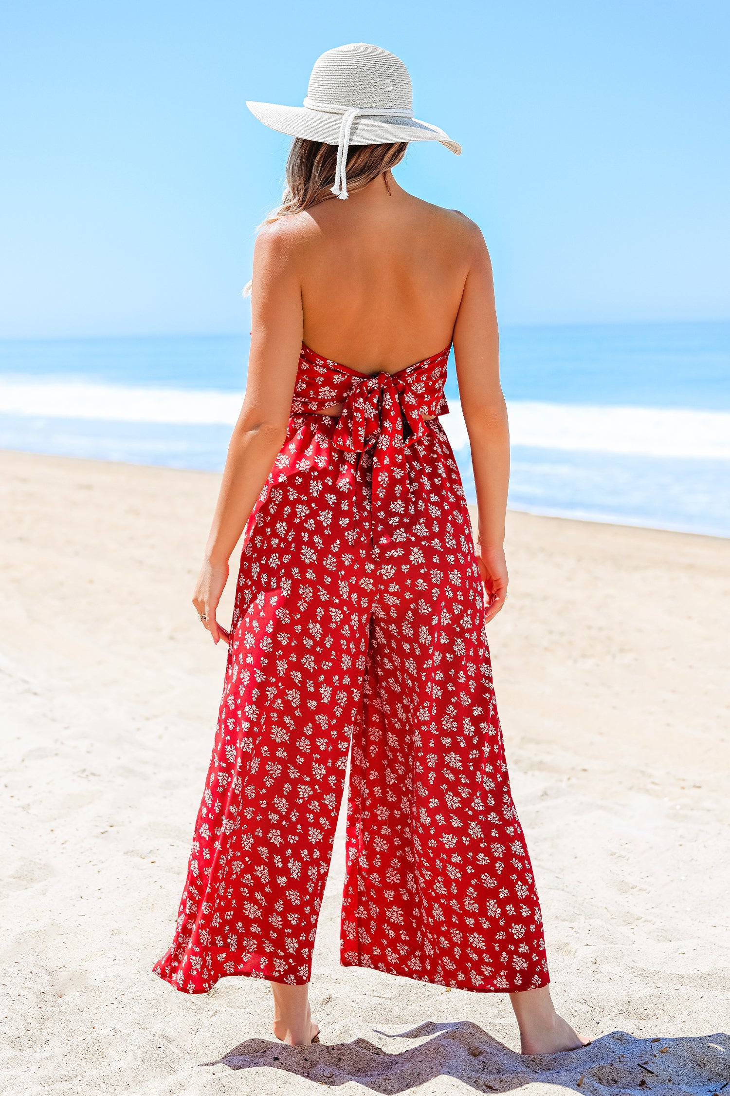Roter Blumiger Bandeau-Jumpsuit