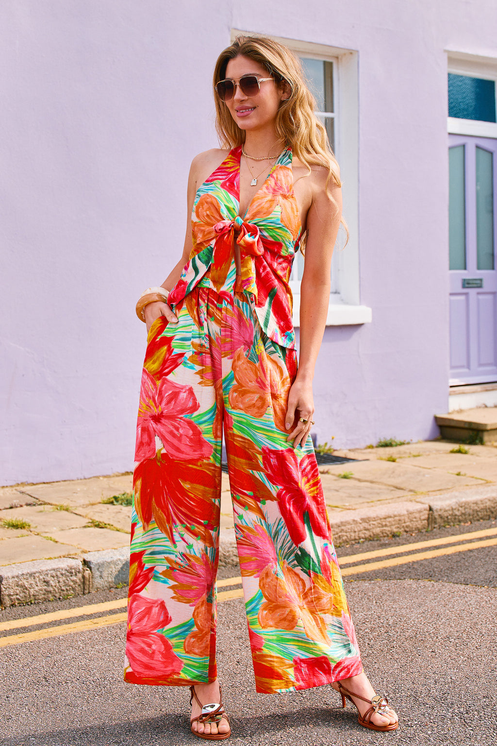 Rote Wide-Leg Sommerhose mit Blumenmuster