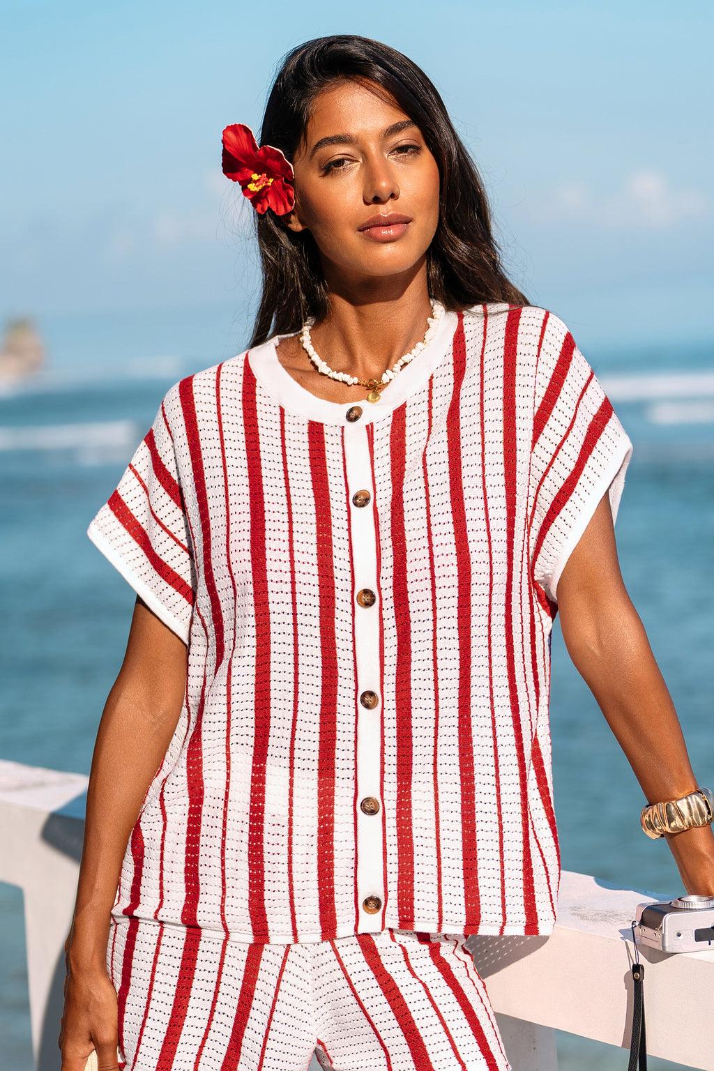Rot Gestreiftes Strick-Strand-Top