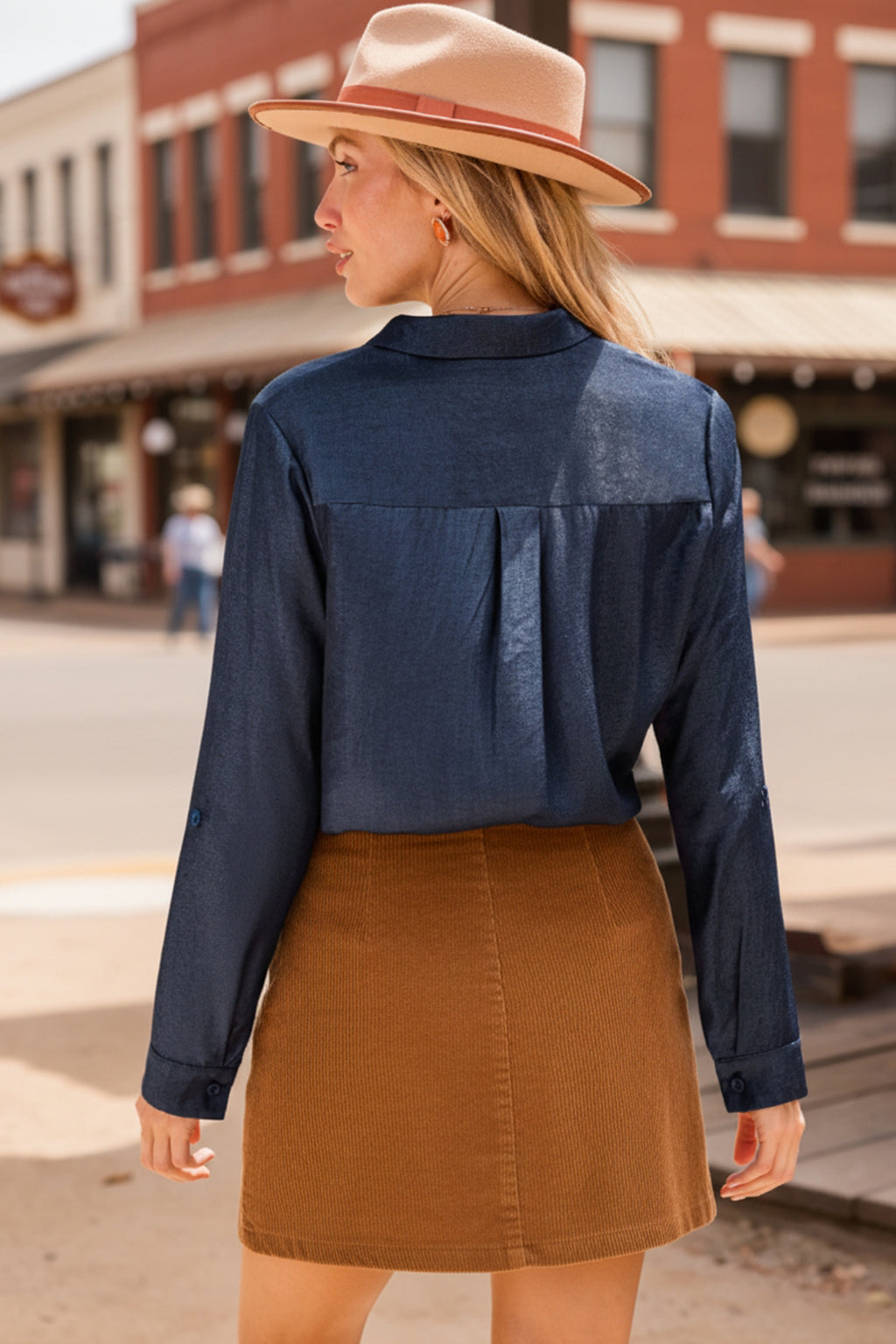 Blaue Lange Ärmel Bluse mit Knopfleiste