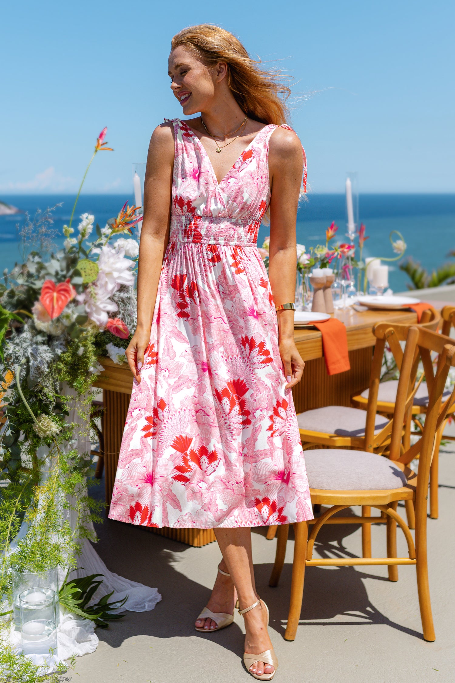 Rosa Paisley Ärmelloses Midi-Cocktailkleid in Wickeloptik