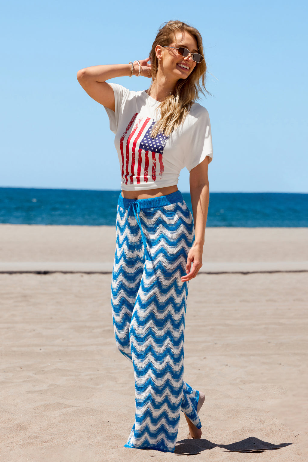 Blau-Weiße Wide-Leg Strick-Sommerhose