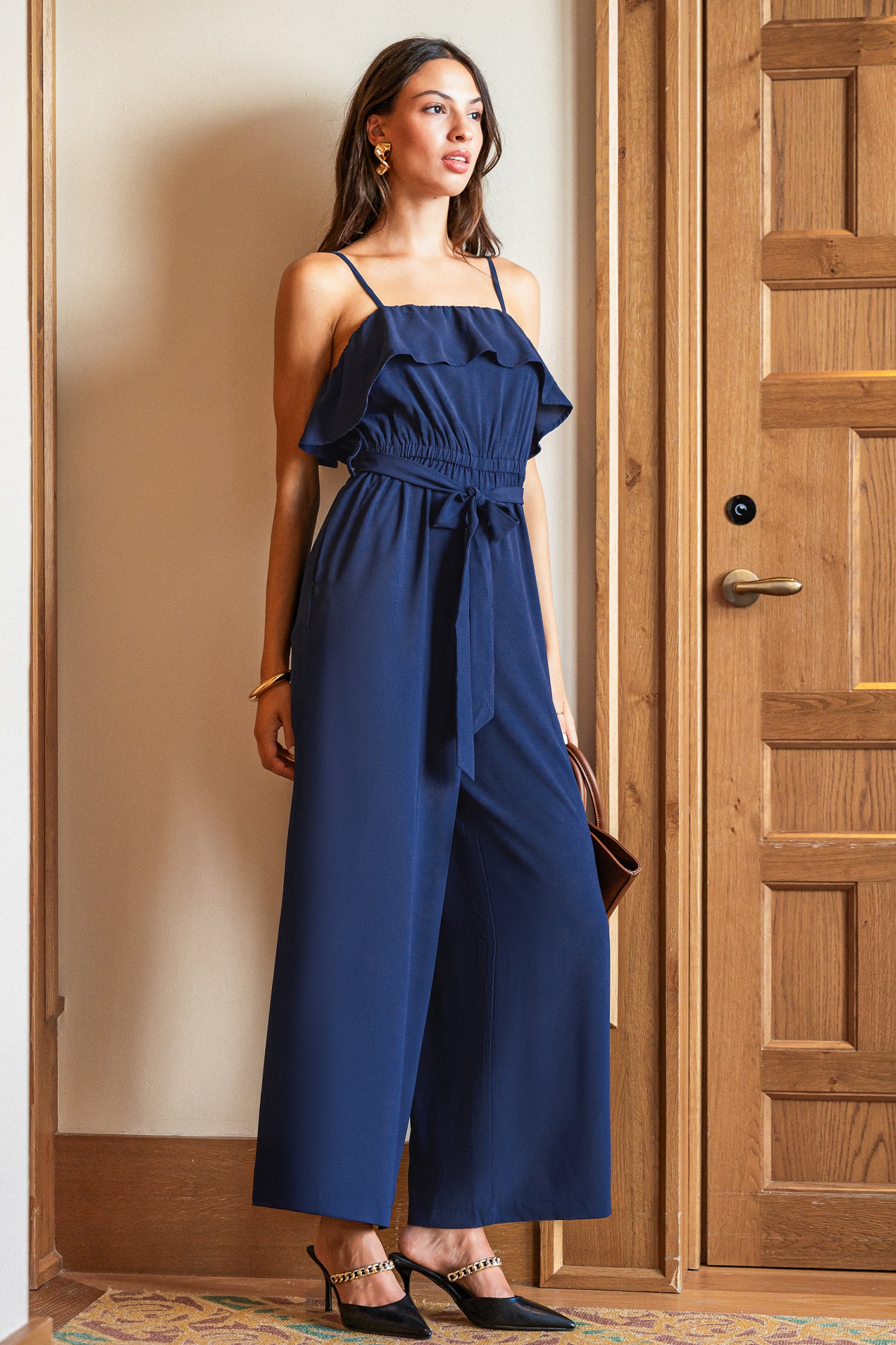 Blauer Gerader Ausschnitt Jumpsuit mit Taillengürtel