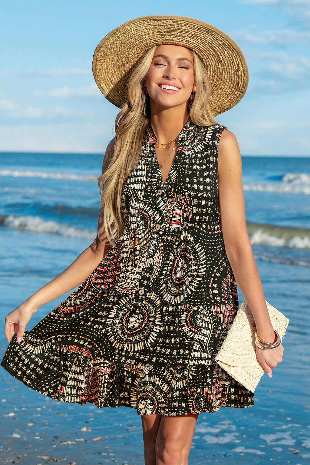 Ärmelloses Abstraktes V-Ausschnitt Mini-Strandkleid