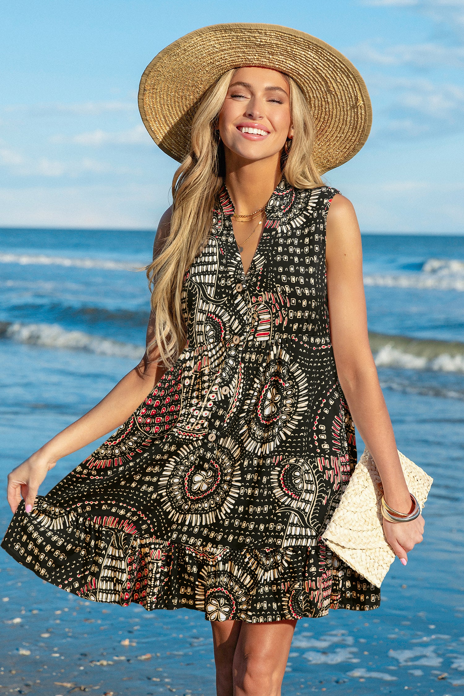 Ärmelloses Abstraktes V-Ausschnitt Mini-Strandkleid