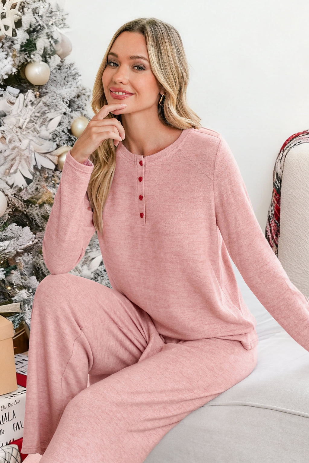 Rosa Rundhals Langarm Pyjama-Set