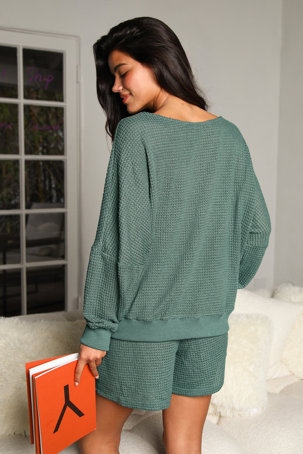 Grünes Asymmetrisches Langarm Pyjama-Set