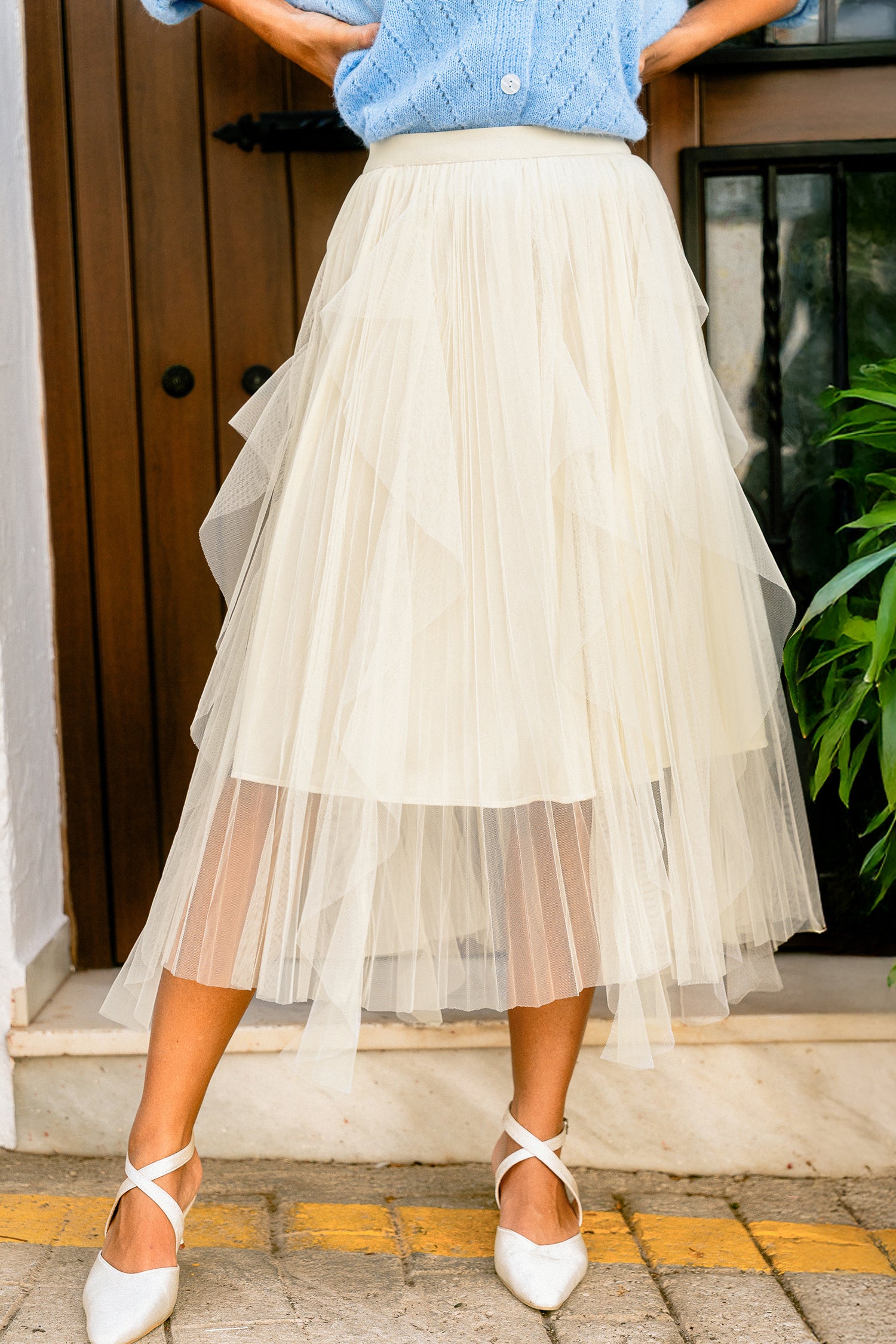 Beiger Elastischer Bund Gerüschter Maxirock