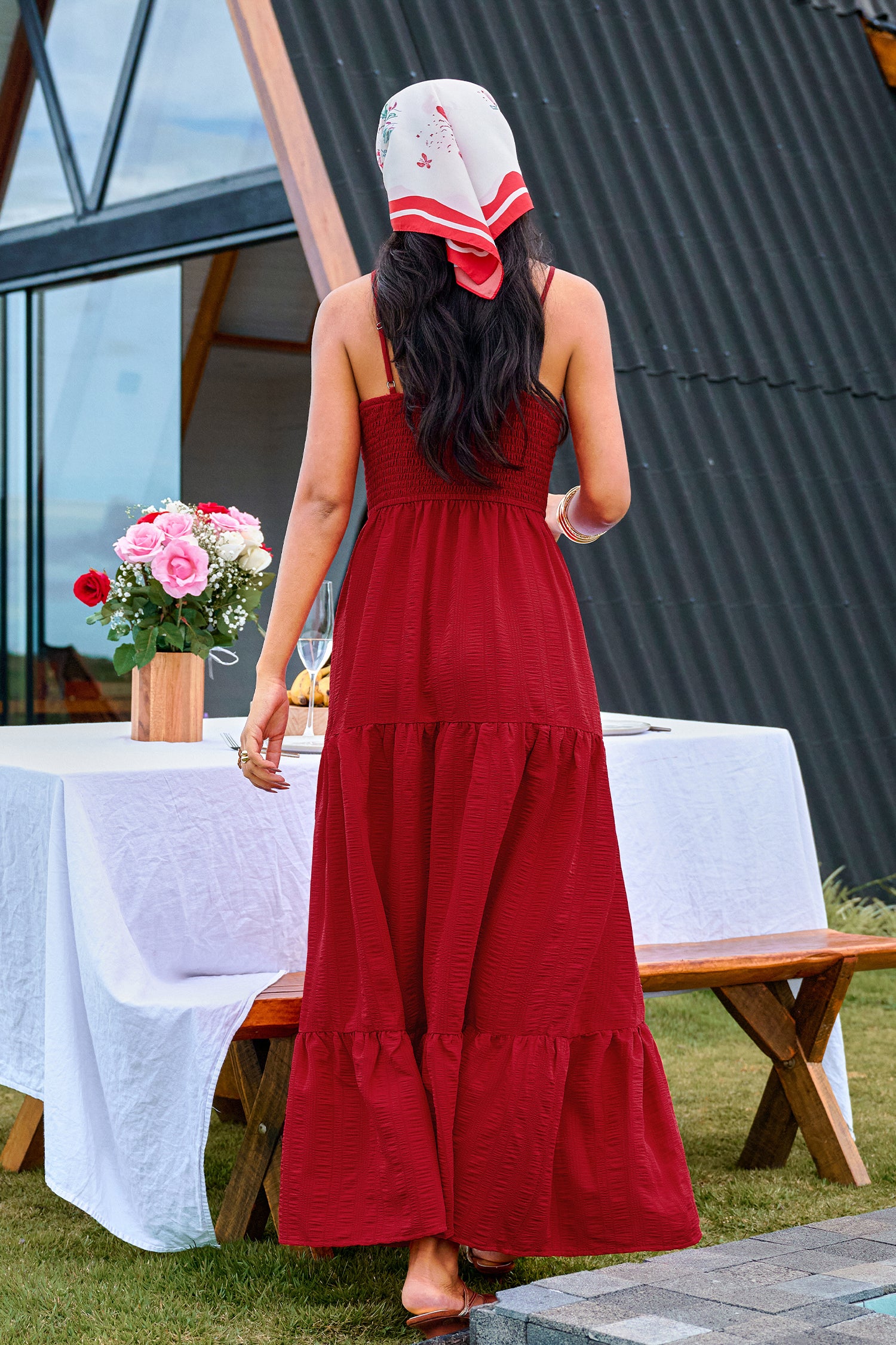 Rotes Festliches Maxi-Trägerkleid mit Knoten-Detail