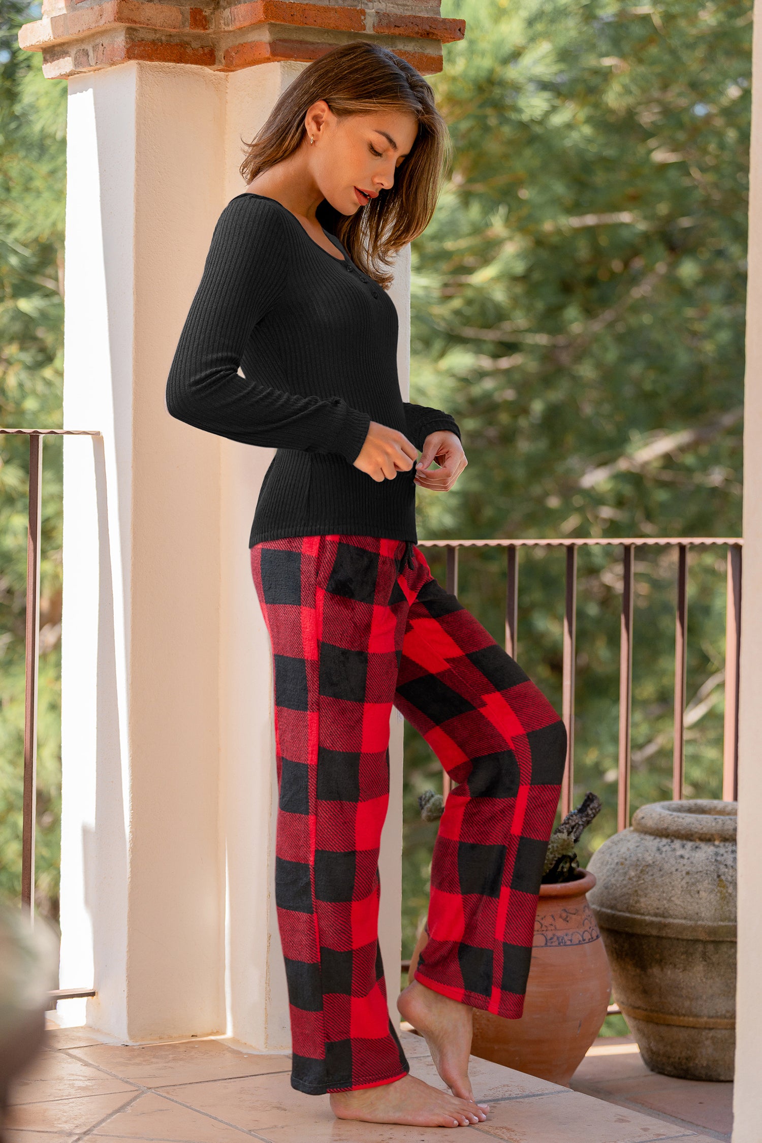 Schwarzes Kariertes Langarm Pyjama-Set