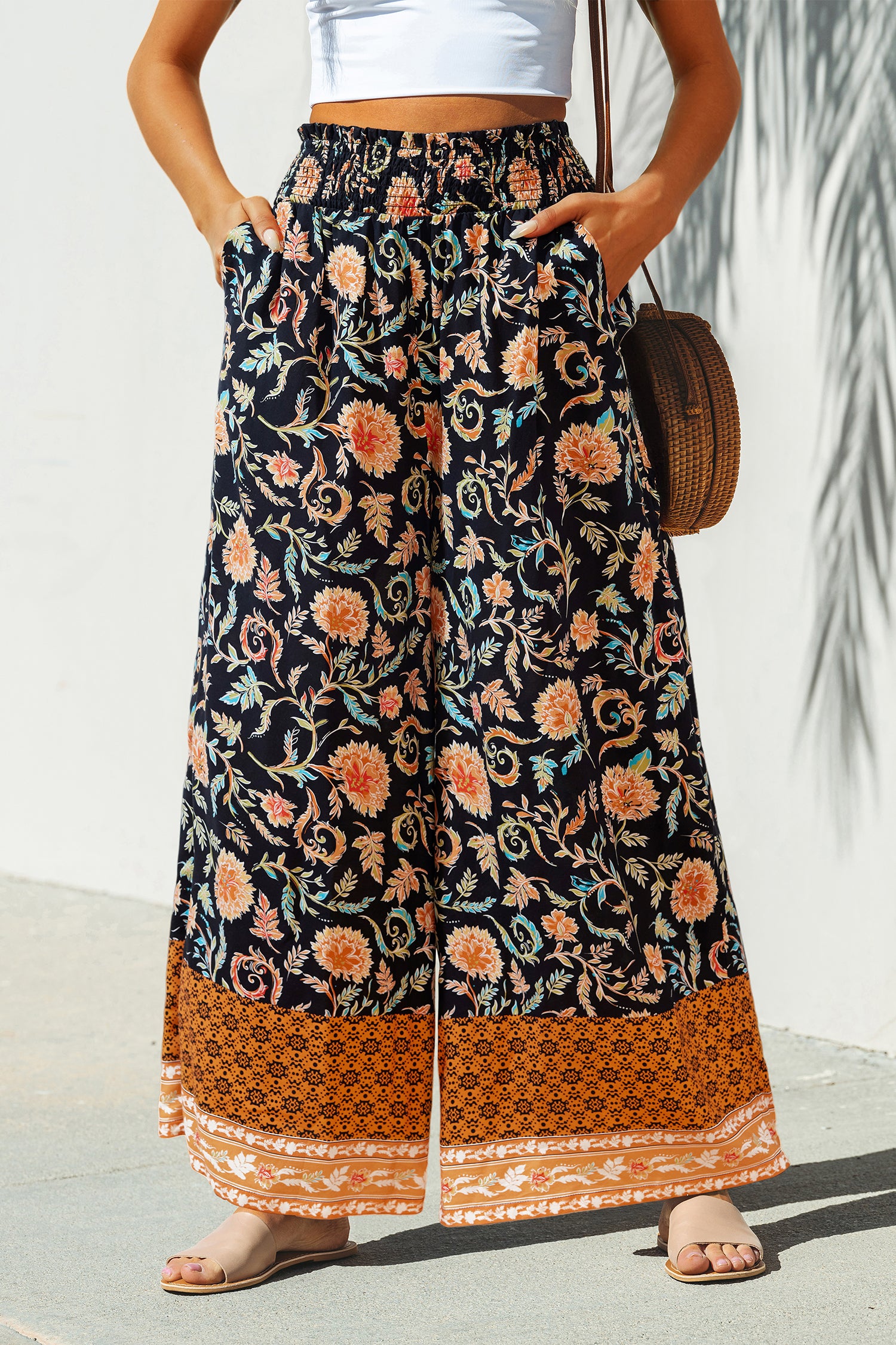 Orange Gesmokte Taille Straight Fit Hose mit Blumenmuster