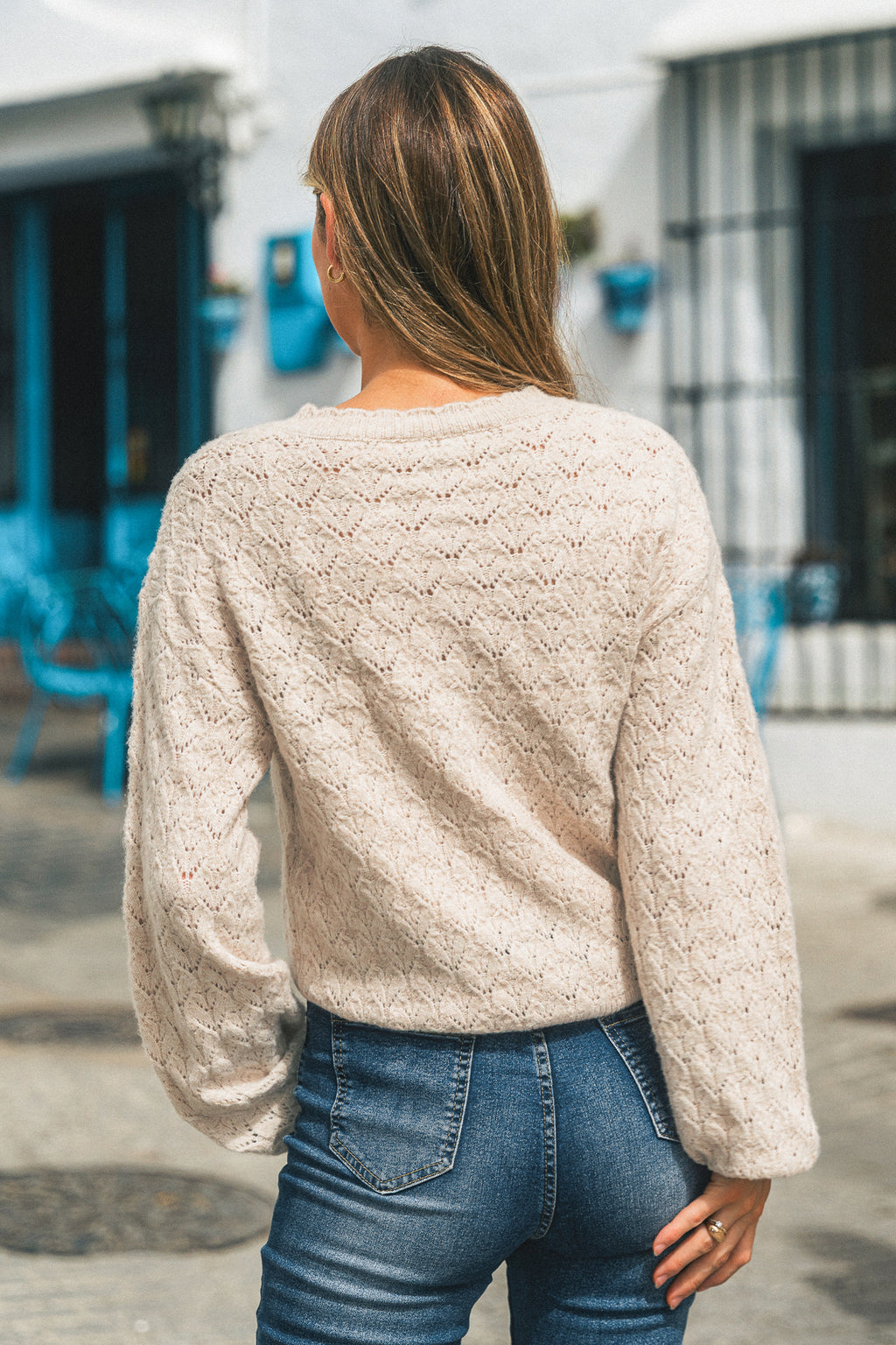 Beige Rundhals Strickjacke mit Knopfleiste vorne